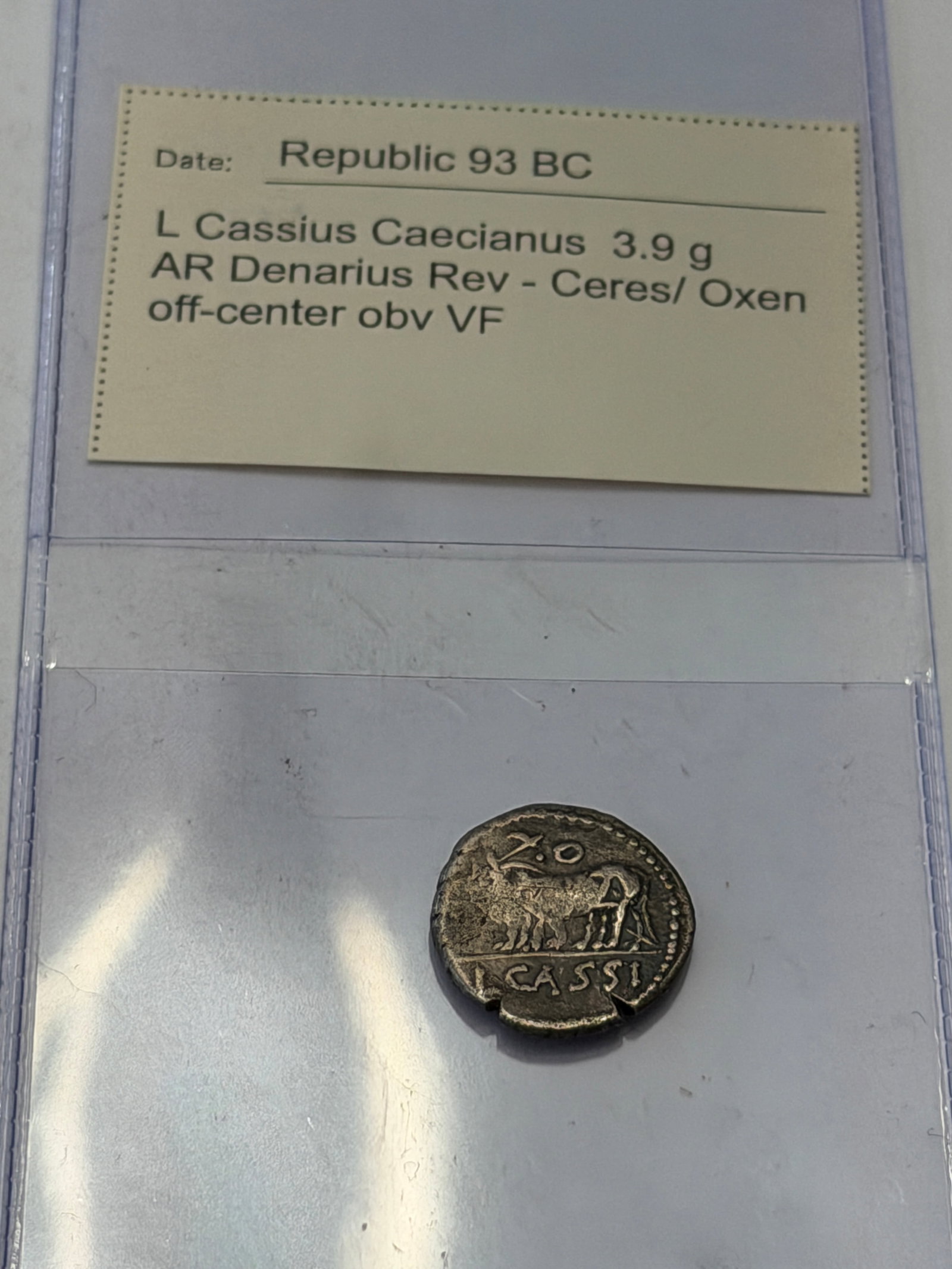 Roman Republic Silver Denarius of L. Cassius Caecianus ? Ceres and Yoke of Oxen, 93 BC: Ancient Roman Republic silver denarius struck in 93 BC by the moneyer Lucius Cassius Caecianus. This historically important Republican issue features a finely rendered portrait of Ceres, the Roman god