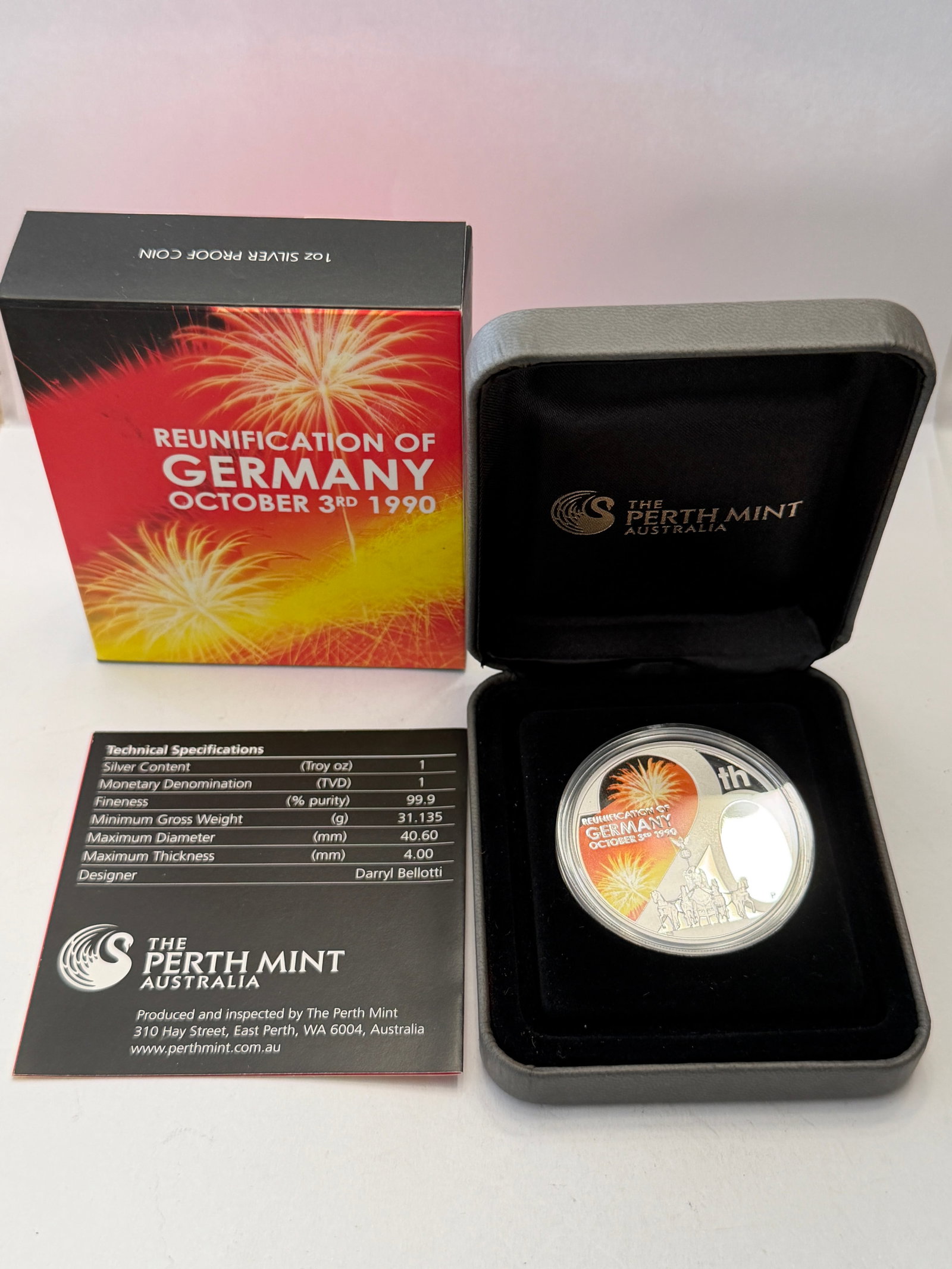 2010 Tuvalu Reunification of Germany 20th Anniversary 1 oz Silver Proof Coin ? Perth Mint with Box & (1 of 3)