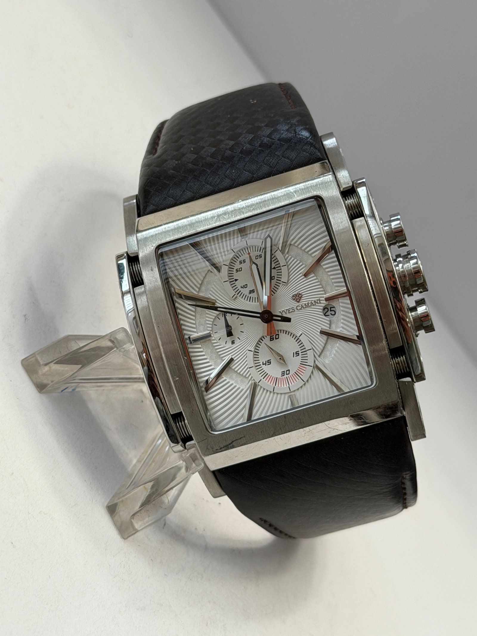 Yves Camani YC1060-D Chronograph Quartz Wristwatch: Yves Camani model YC1060-D chronograph quartz wristwatch featuring a large rectangular stainless steel case with industrial-inspired styling, silver-tone textured dial, multiple chronograph subdials, 