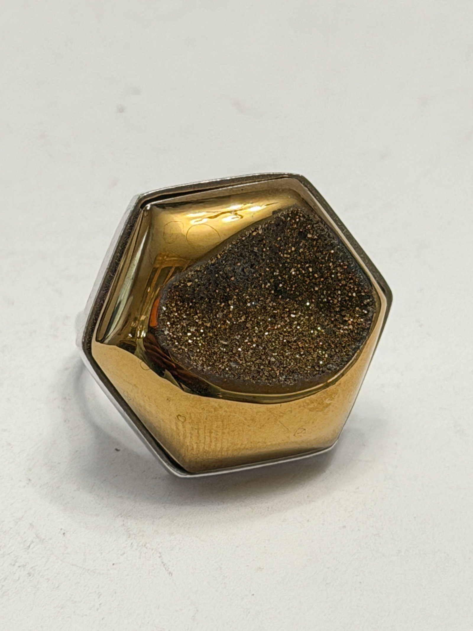 Modern Sterling Silver Gold Druzy Quartz Geometric Statement Ring Size 9: Contemporary sterling silver statement ring featuring a bold hexagonal bezel design with a striking gold-tone druzy quartz center. The sparkling druzy surface displays fine natural crystal texture wit