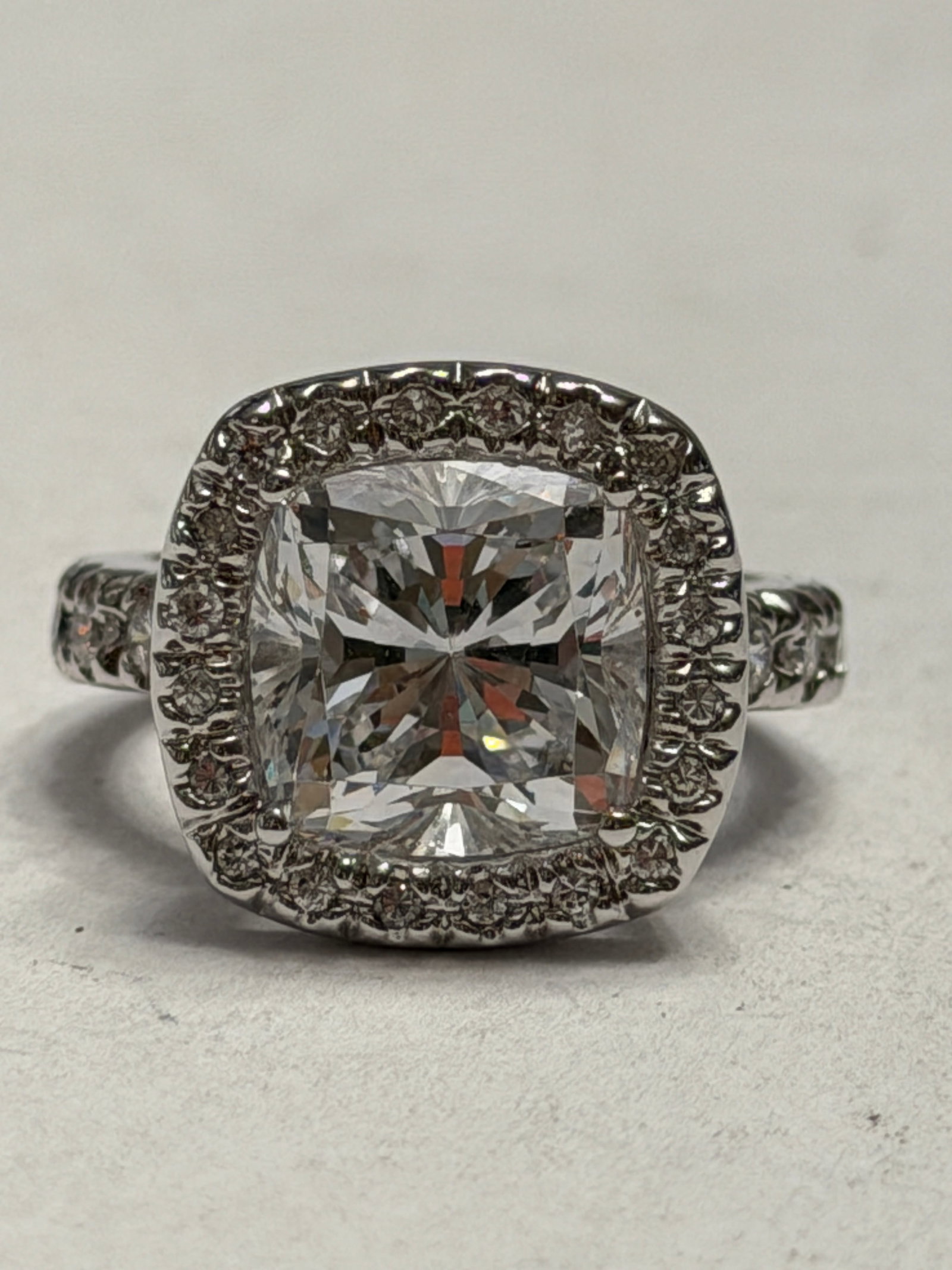 Cushion Cut Halo Statement Ring ? Sterling Silver CZ Cocktail Ring ? Size 6: Elegant sterling silver statement ring featuring a large cushion-cut clear center stone framed by a sparkling halo of smaller accent stones. Additional stones accent the shoulders of the band, giving 