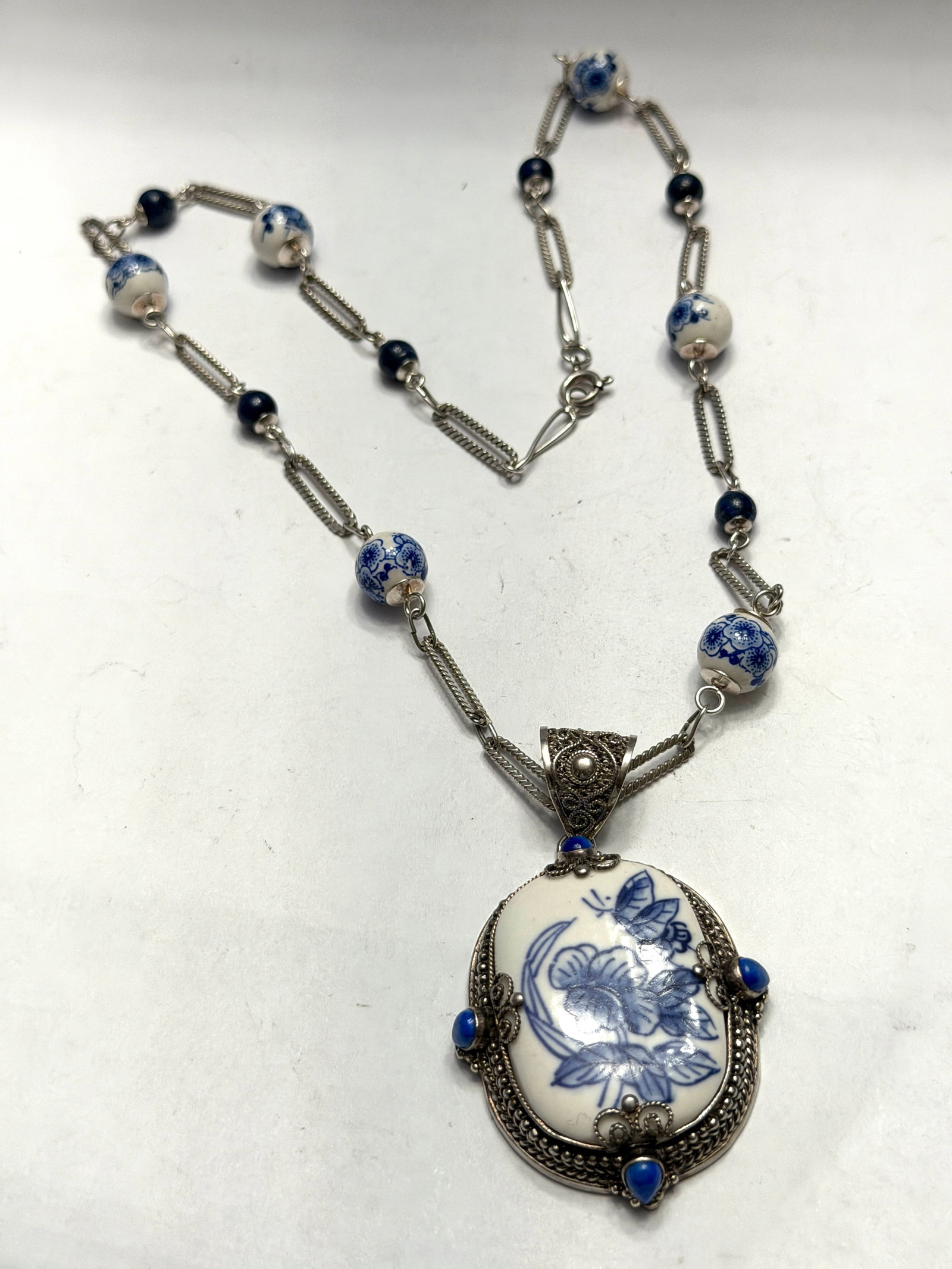 Vintage Chinese Export Sterling Silver Blue & White Porcelain Pendant Necklace (1 of 9)