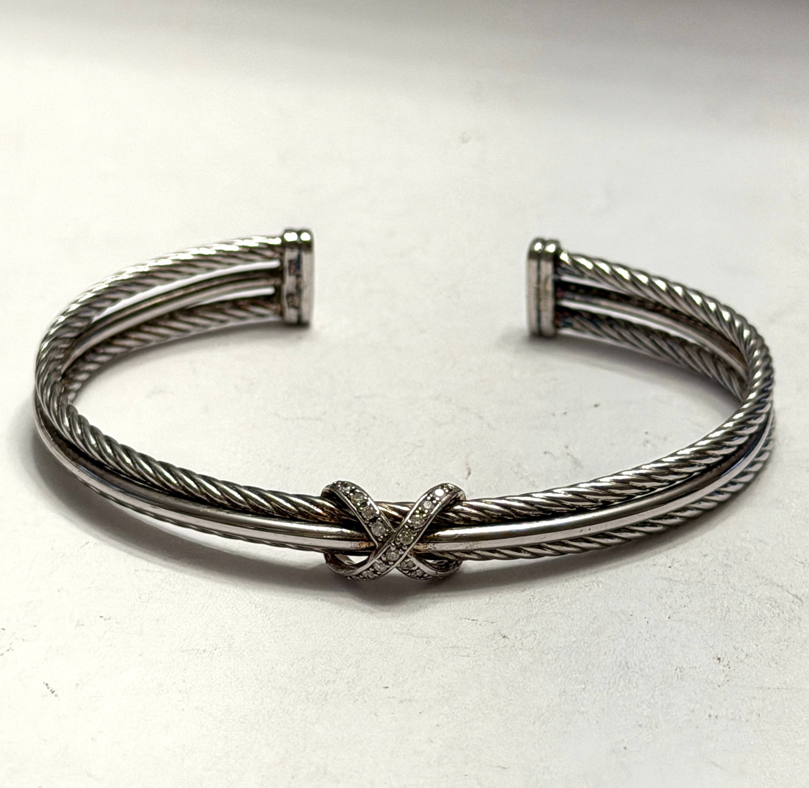Designer Style Sterling Silver Cable Cuff Bracelet with Crystal Knot Accent (1 of 5)