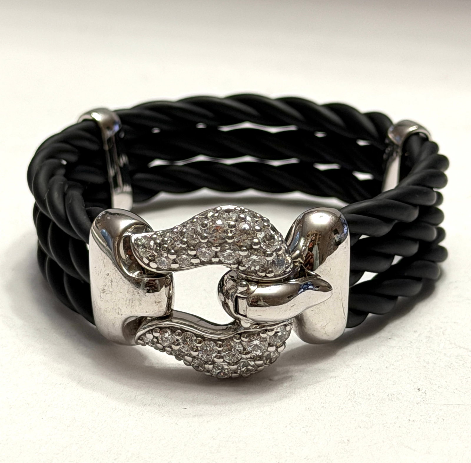 Belle Etoile Sterling Silver Black Cable Bracelet ? Designer Hook Clasp Cuff ? 925 Italy Style: Elegant Belle Etoile sterling silver bracelet featuring a bold multi-strand black twisted cable design paired with a luxurious pavé cubic zirconia hook clasp centerpiece. The bracelet combines mo
