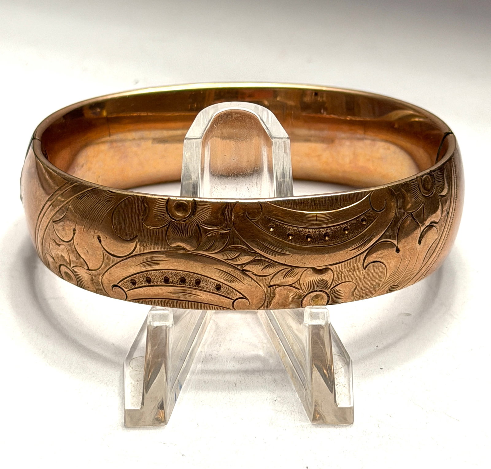 Victorian Era Gold Filled Etched Bangle Bracelet Floral Engraved Hinged Cuff Jewelry (1 of 6)