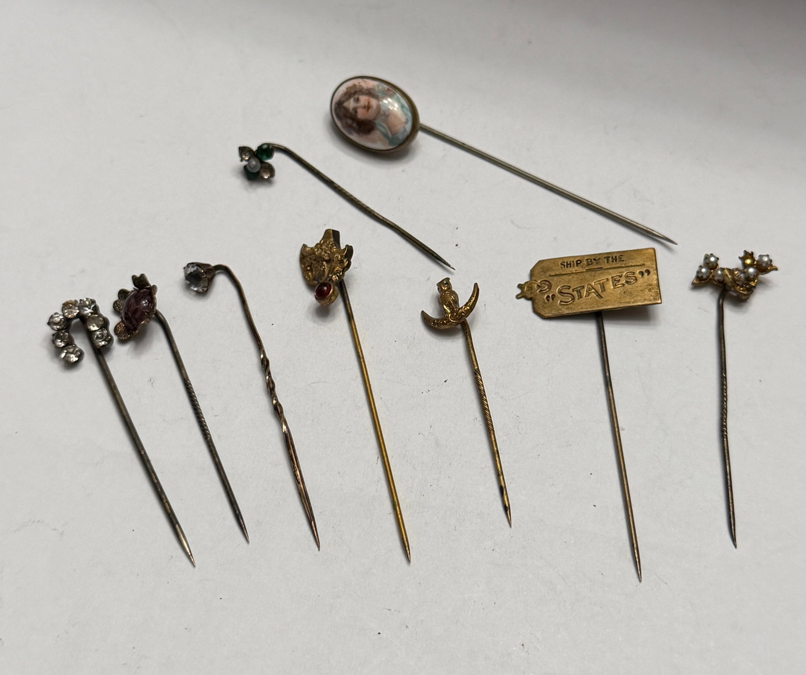 Antique Victorian & Edwardian Stick Pin Lot Rhinestone Portrait Crescent Moon Jewelry Collection (1 of 6)