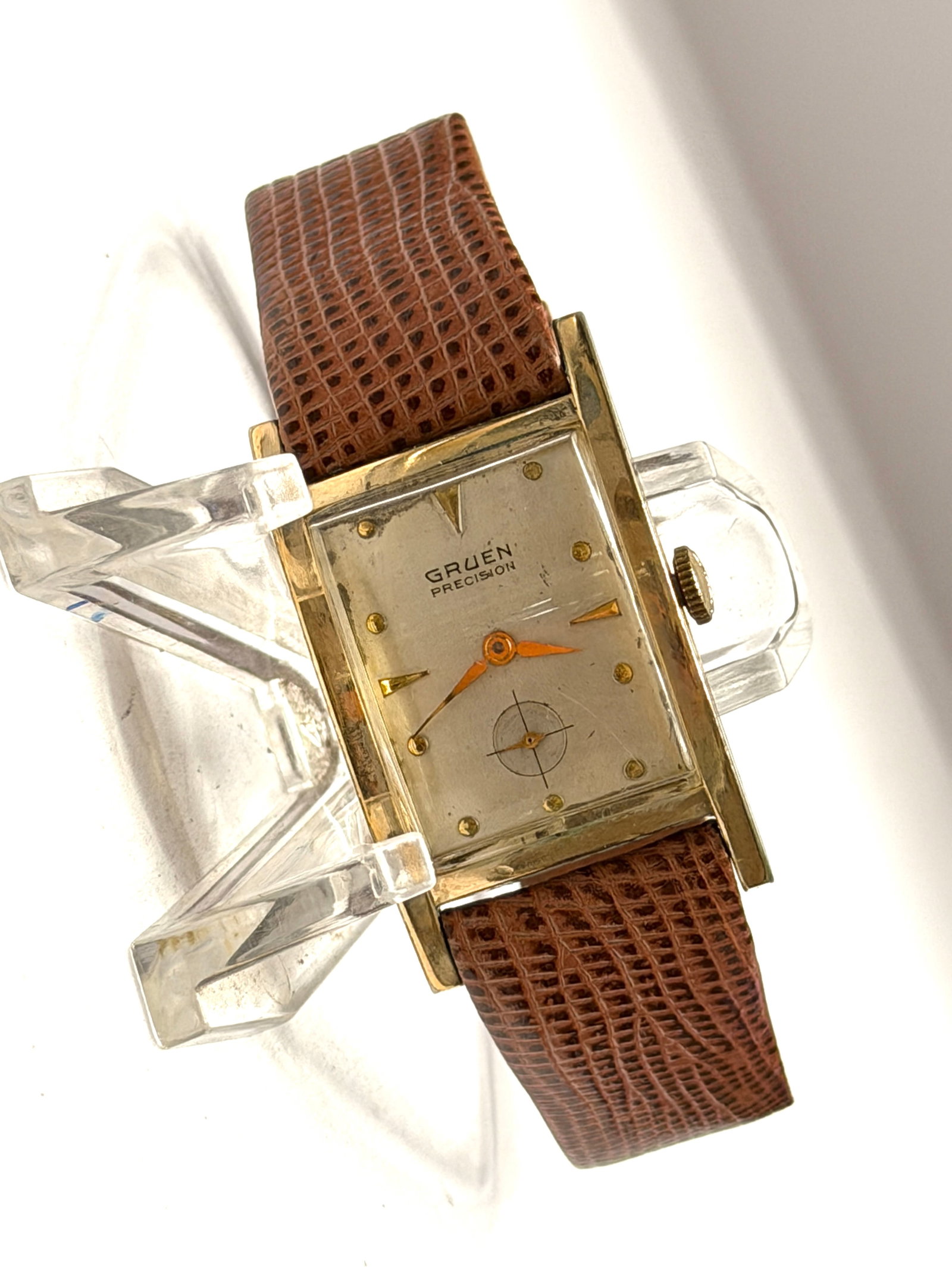 Vintage Gruen Precision Rectangular Art Deco Dress Wristwatch ? Small Seconds ? Gold Tone Case ? Mid: Vintage Gruen Precision rectangular wristwatch featuring an elegant mid-century design with a silver-tone dial, applied gold-tone hour markers, stylized gold hands, and a distinctive small seconds sub
