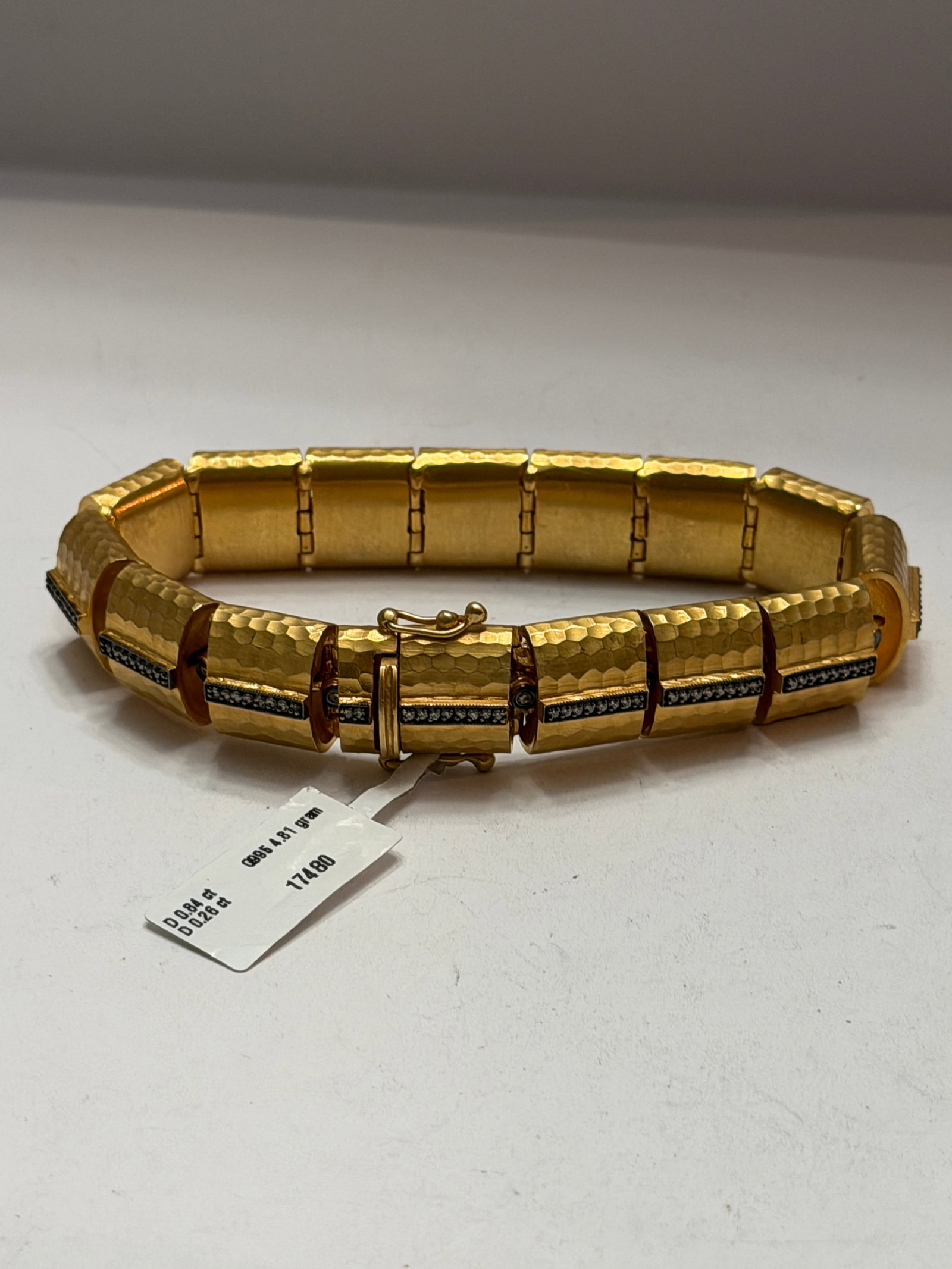 Sterling Silver 14K Gold & Diamond Hammered Link Bracelet 74.8 Gram Estate Jewelry: Exceptional vintage estate bracelet crafted in sterling silver with rich 14K gold accents featuring a bold articulated panel link design accented with genuine natural diamonds throughout the bracelet.