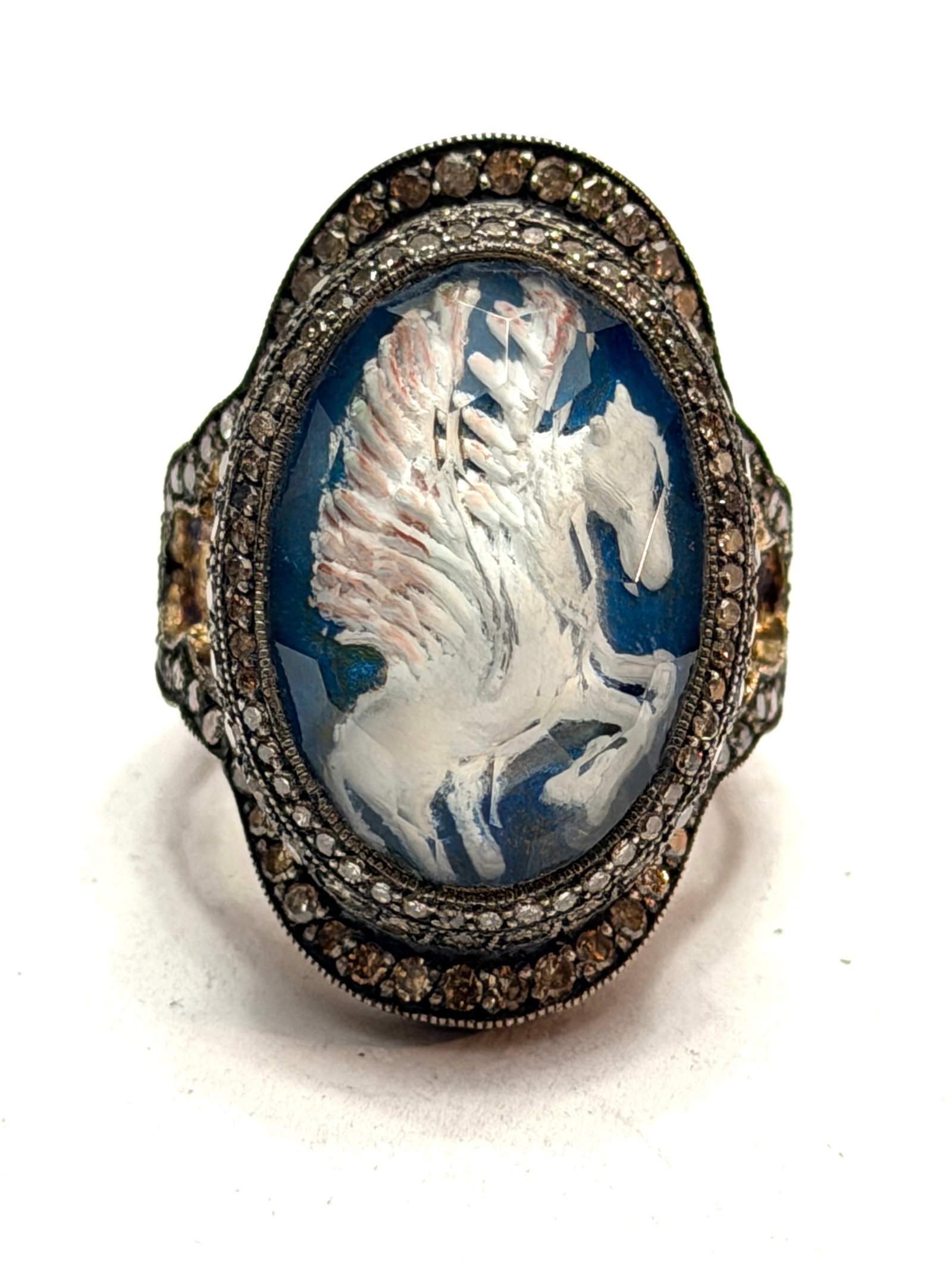 Heirloom Sterling Silver Diamond Pegasus Cameo Ring with 14K Gold Accent ? Size 8: Striking heirloom quality statement ring crafted in sterling silver featuring a beautifully carved Pegasus cameo centerpiece surrounded by genuine natural diamonds in an ornate vintage inspired settin