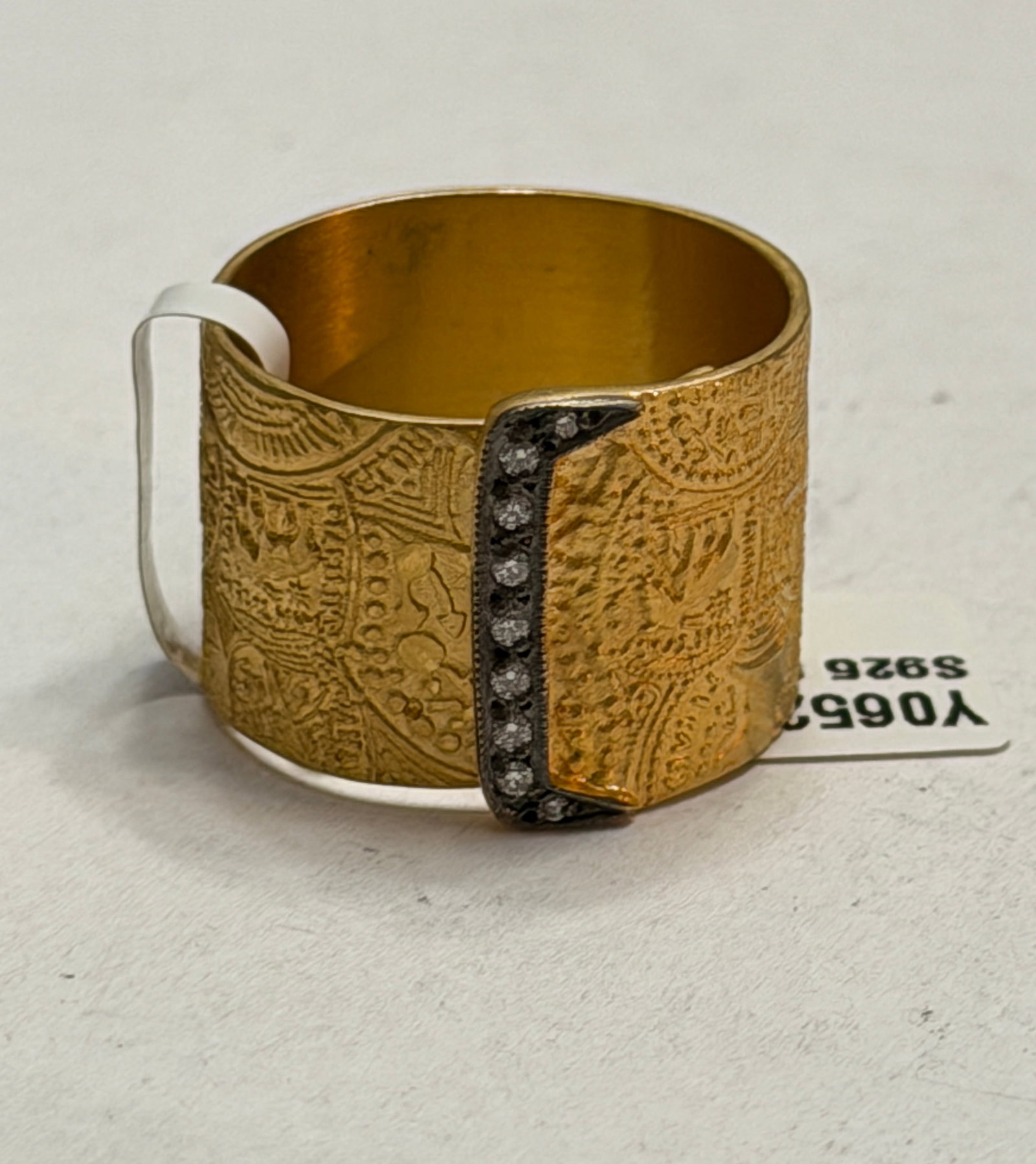 Artisan Sterling Silver & 14K Gold Diamond Cuff Ring ? Wide Engraved Statement Band Size 8: Bold artisan crafted wide cuff style ring made from sterling silver with rich 14K gold overlay featuring an intricate engraved coin and scroll motif throughout the entire band. This striking statement