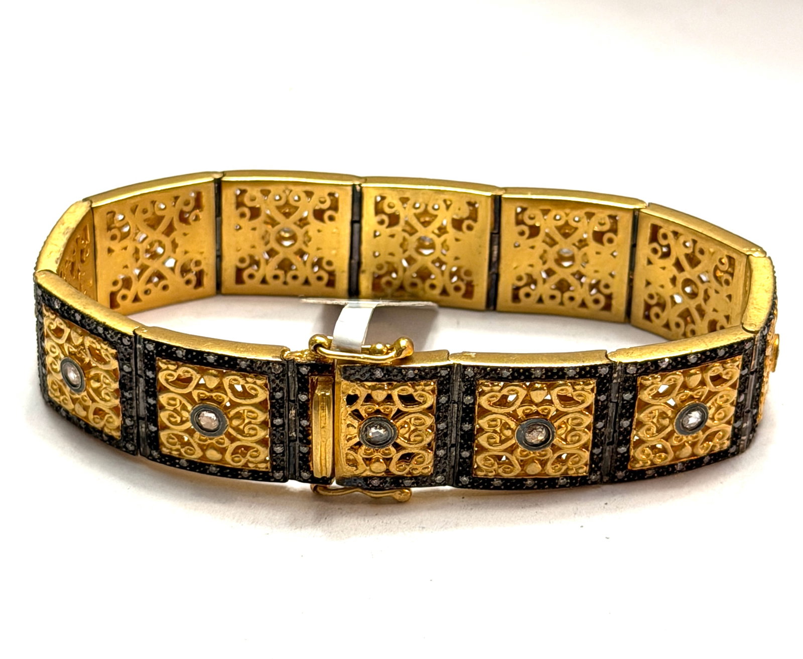 Designer Sterling Silver, 18K Gold & Diamond Filigree Link Bracelet ? Wide Statement Bracelet: Elegant designer crafted wide link bracelet featuring richly detailed filigree panels in warm 18K gold vermeil over sterling silver, accented with genuine diamonds throughout for striking contrast and