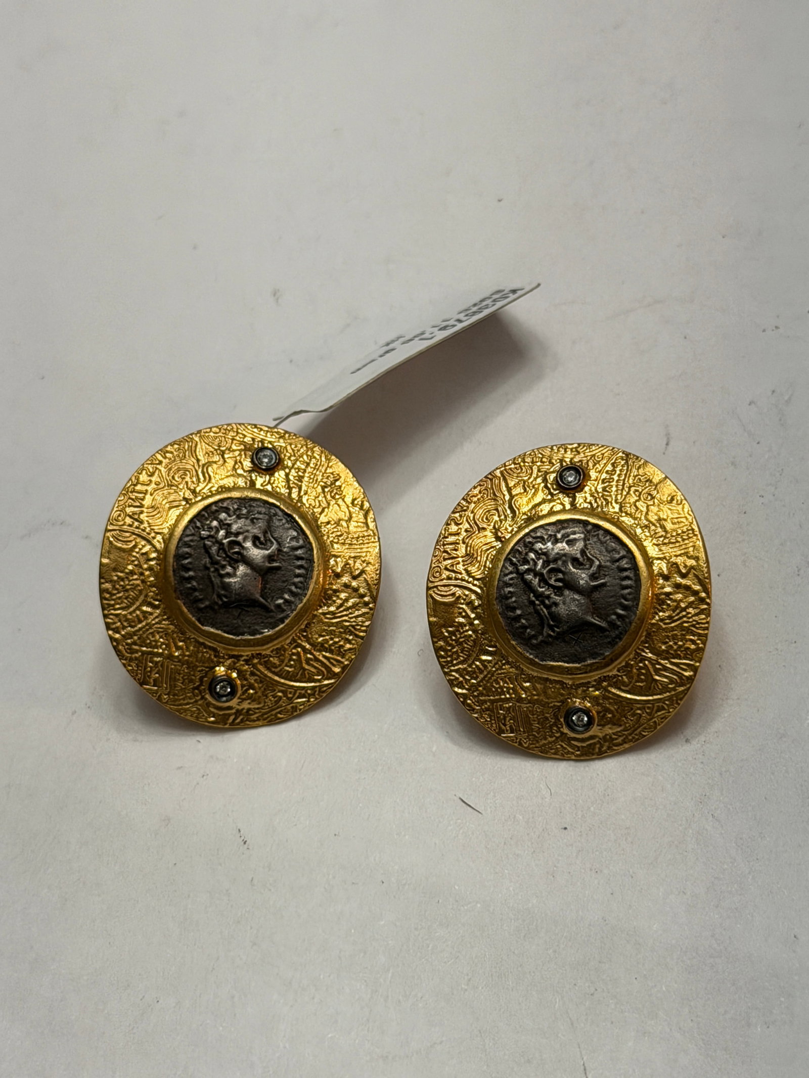 Ancient Coin Inspired Sterling Silver & Gold Vermeil Diamond Stud Earrings ? Roman Medallion: Striking designer statement stud earrings crafted in sterling silver with rich 18K gold vermeil finish, featuring ancient Roman coin inspired center medallions framed by intricately engraved textured 
