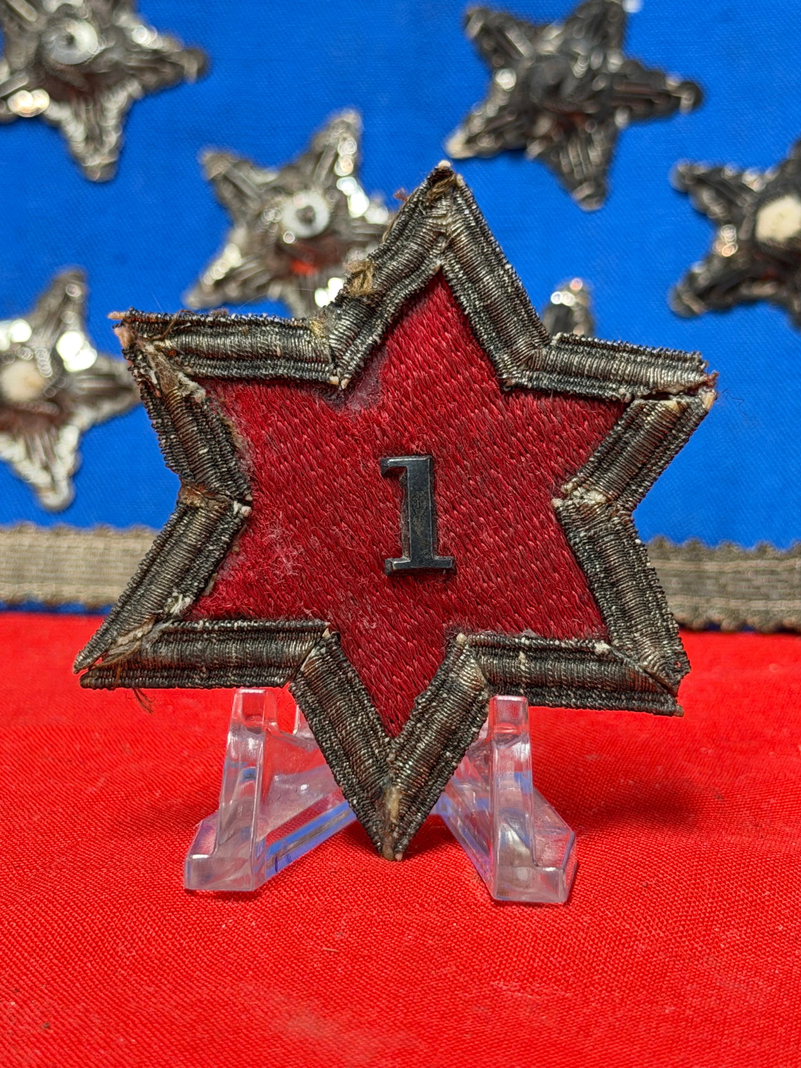 Civil War Union VIII Army Corps, 1st Division Identification Badge: In our opinion, this is a Civil War period VIII Army Corps, 1st Division insignia featuring the distinctive six-point star design associated with the VIII Corps. The badge is constructed with a red em