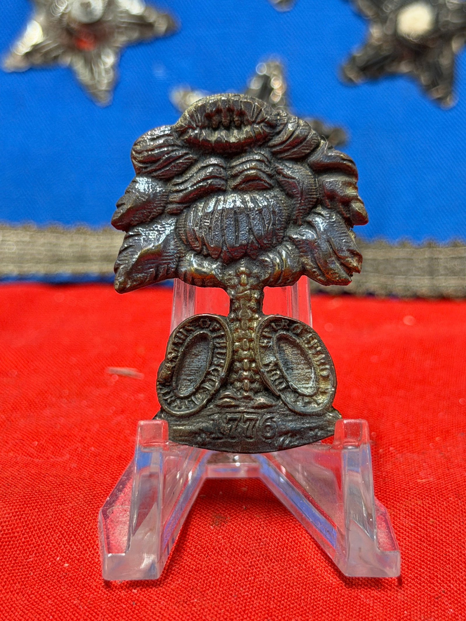 Civil War South Carolina Palmetto Tree Headgear Badge Dated 1776: Cast metal headgear badge featuring the distinctive South Carolina Palmetto Tree design with the date “1776” prominently displayed at the base. The badge incorporates detailed palmetto fronds 