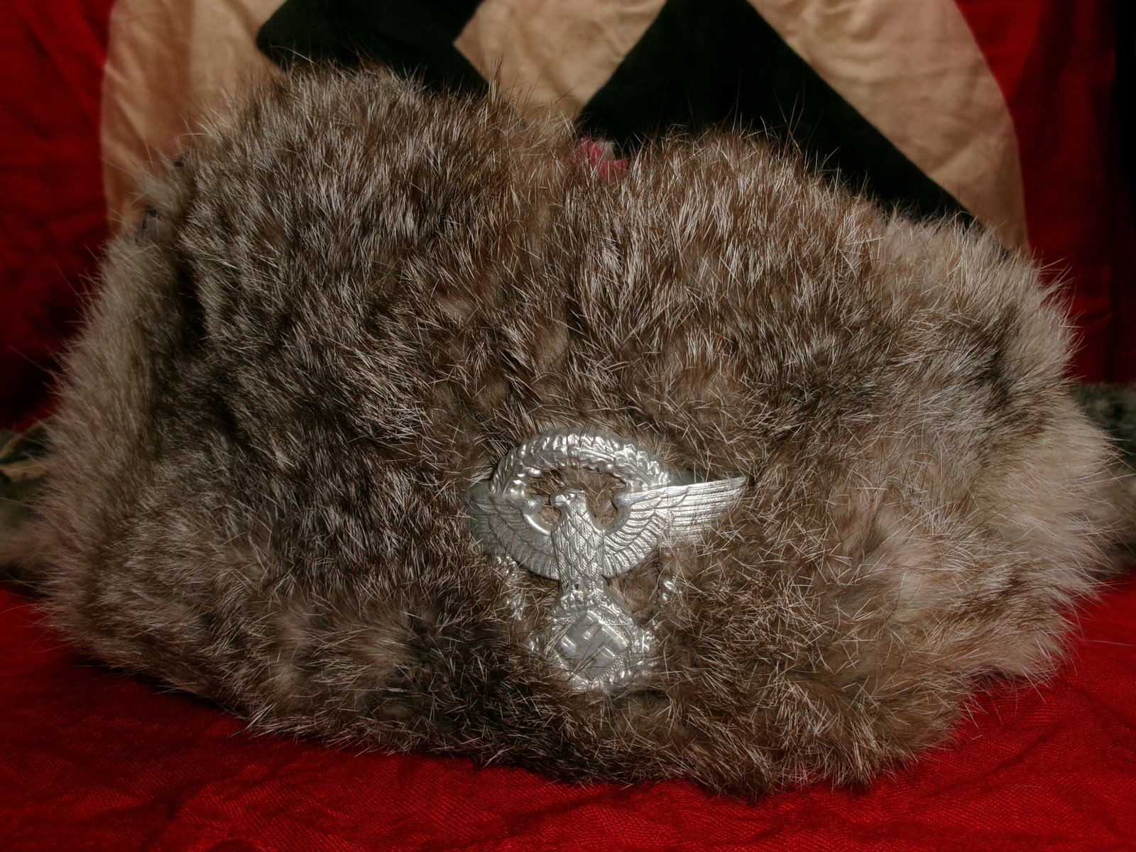 WWII German Winter Fur Cap with National Eagle Insignia (1 of 7)