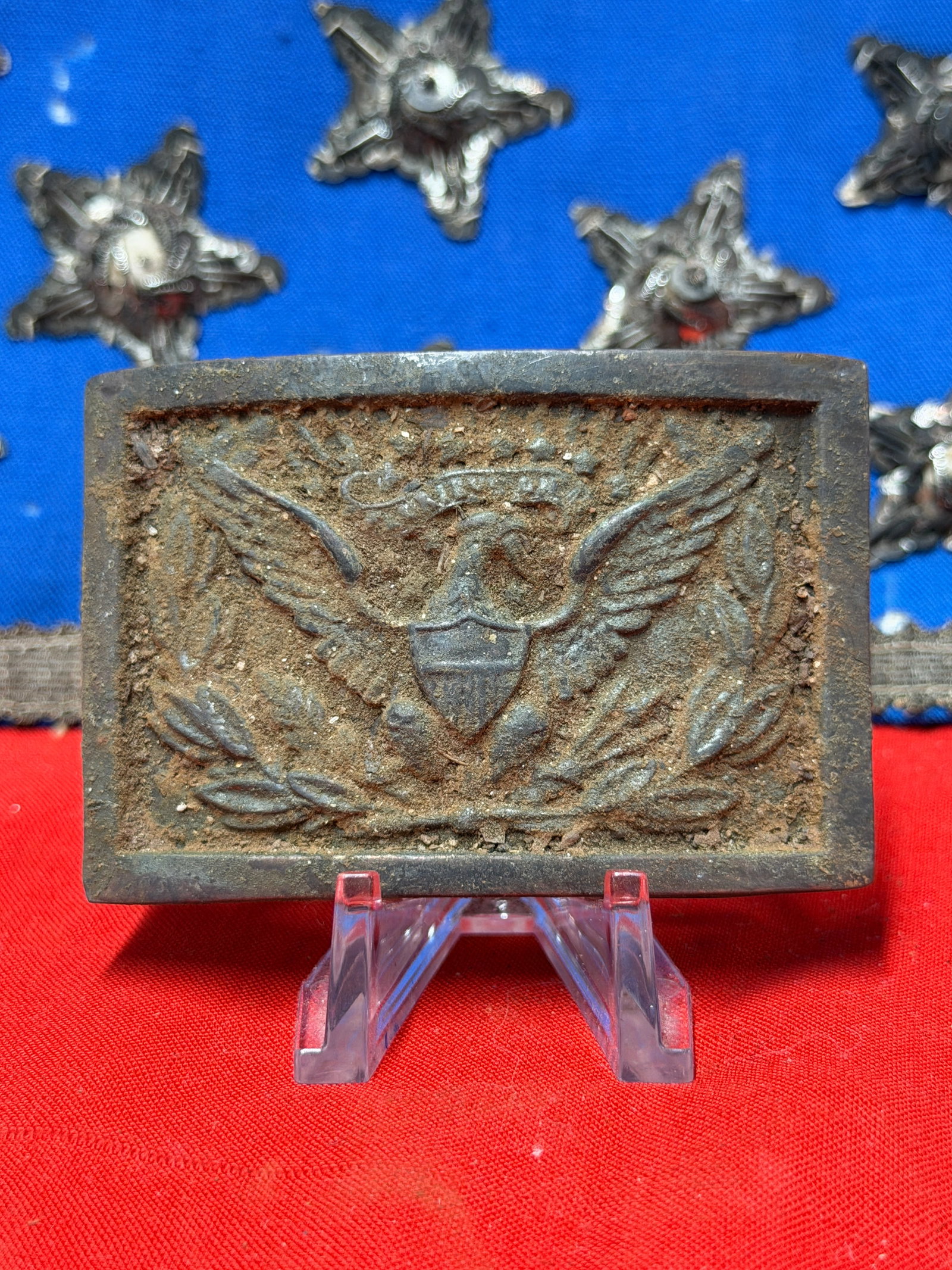 Civil War Union Cavalry Eagle Belt Plate Relic Recovered in Virginia Dug Brass Buckle: Offered here is a Civil War-era Union Cavalry eagle belt plate recovered in Virginia. The plate features the classic Federal eagle with spread wings, shield on its breast, and surrounding wreath desig