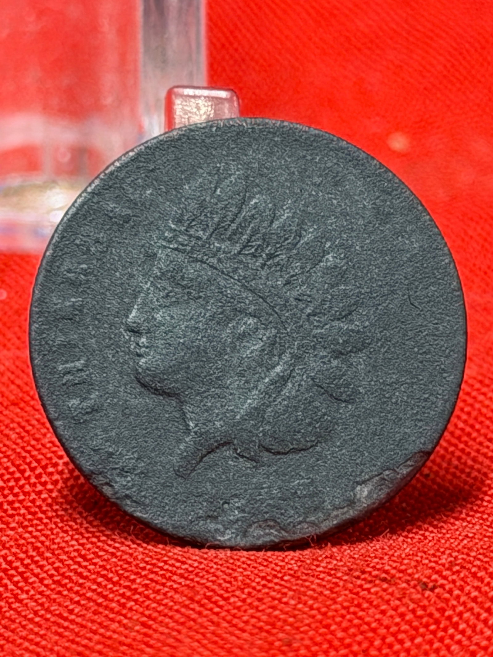 1830s Hard Times Token Native American Bust GROCER Merchant Token: Early American Hard Times token featuring a Native American bust on the obverse and a wreath surrounding the GROCER merchant inscription on the reverse. Measures approximately 7/8 inch in diameter. Th