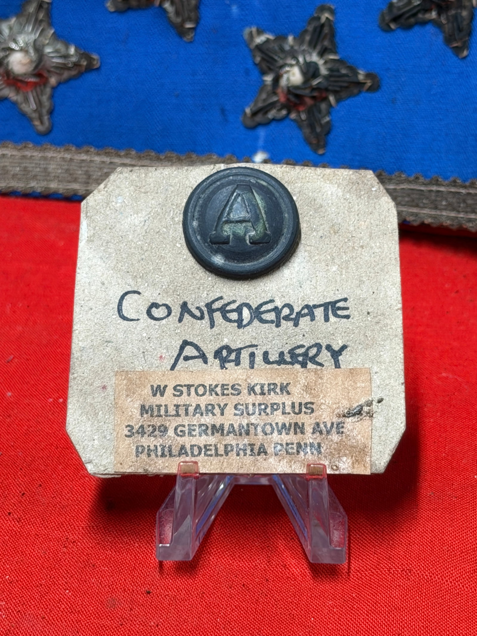 Civil War Era Confederate Artillery "A" Coat Button with W. Stokes Kirk Provenance Tag (1 of 4)