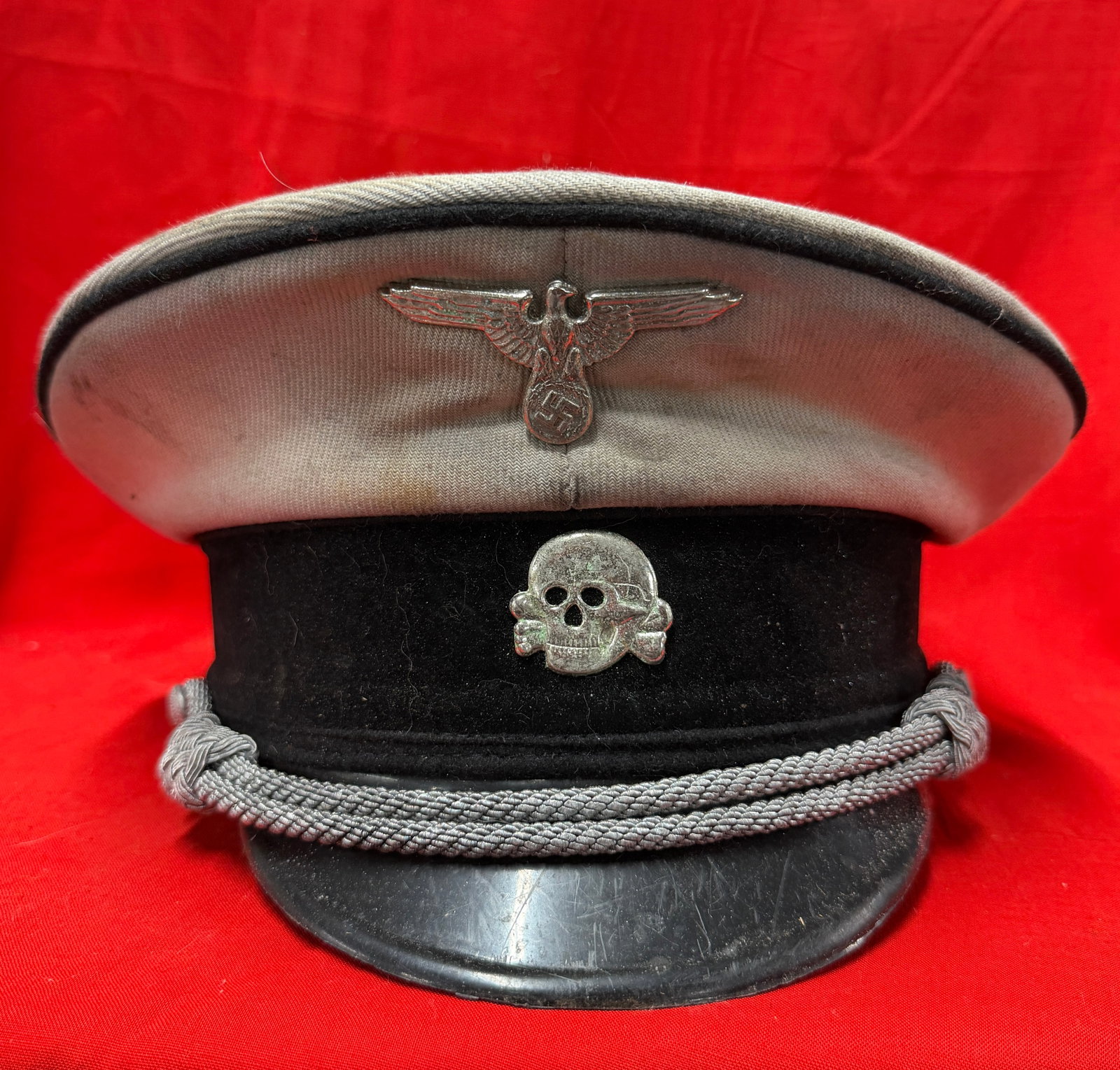 German WWII Waffen-SS Officer Style Visor Cap with Totenkopf Insignia and Interior SS Markings (1 of 6)