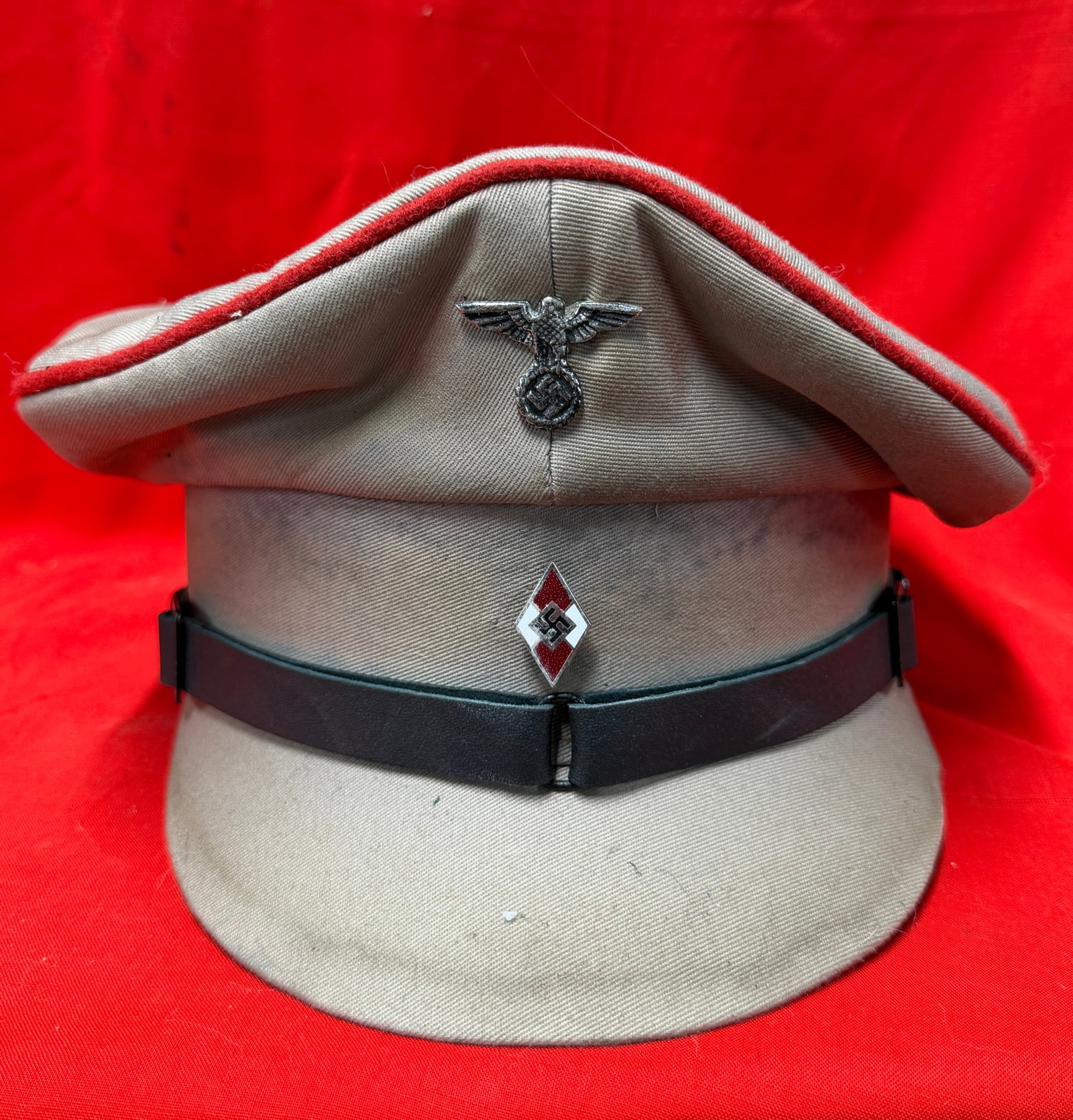 German WWII Hitler Youth Style M43 Field Cap with Eagle Insignia, HJ Diamond Device, and Interior (1 of 6)