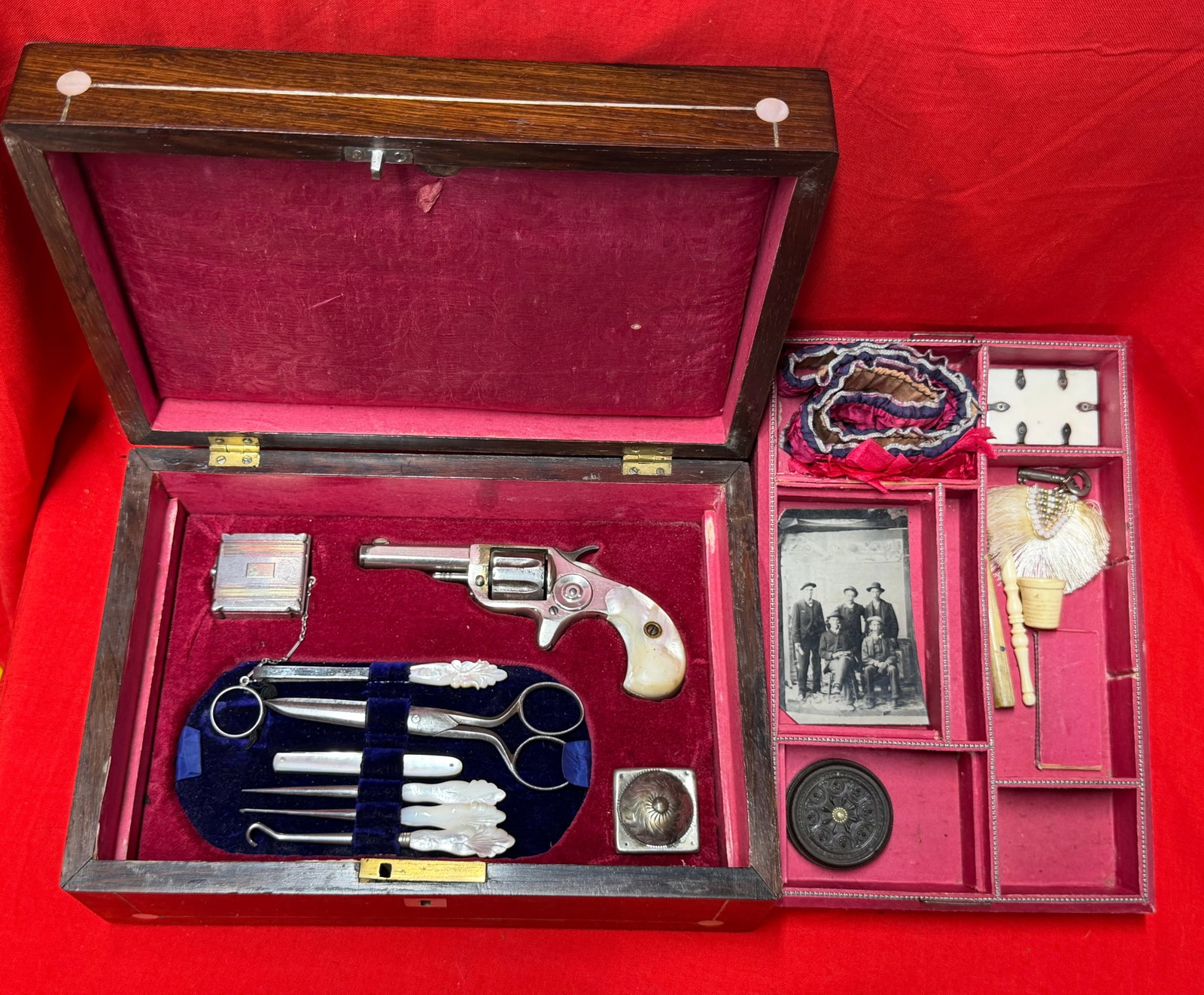 Civil War Era Companion Casket with Pocket Revolver, Sewing & Grooming Accessories, Photograph and: An impressive Civil War era companion casket featuring a fitted interior with a small pocket revolver, mother-of-pearl handled accessories, scissors, notebook/card case, compact, portrait photograph, 