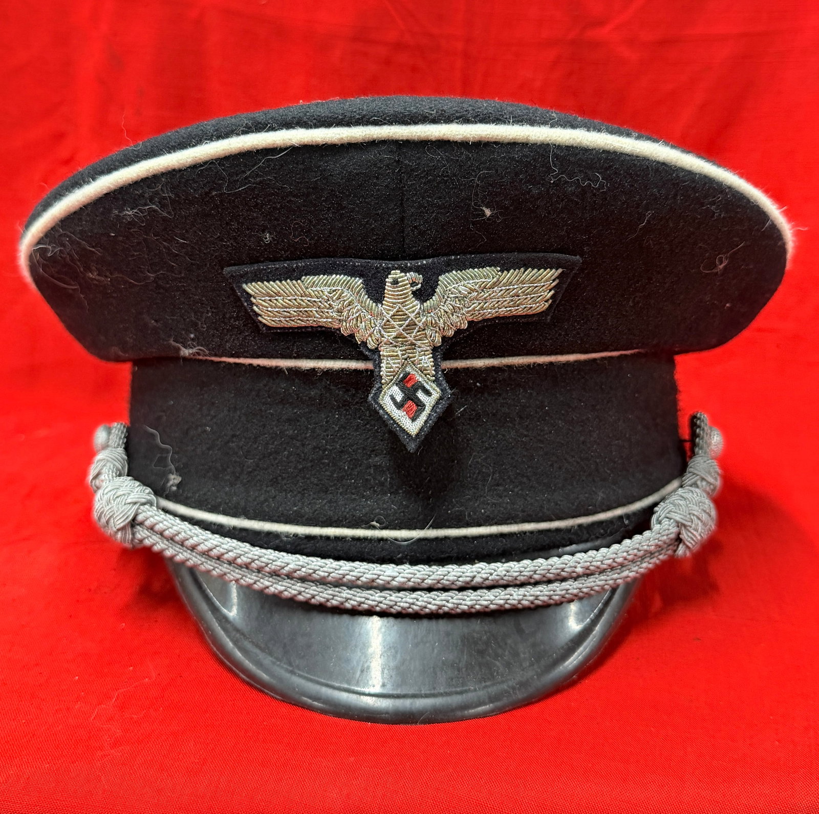 WWII German Hitler Youth Leader Visor Cap with Eagle Insignia, White Piping & Interior Label (1 of 8)