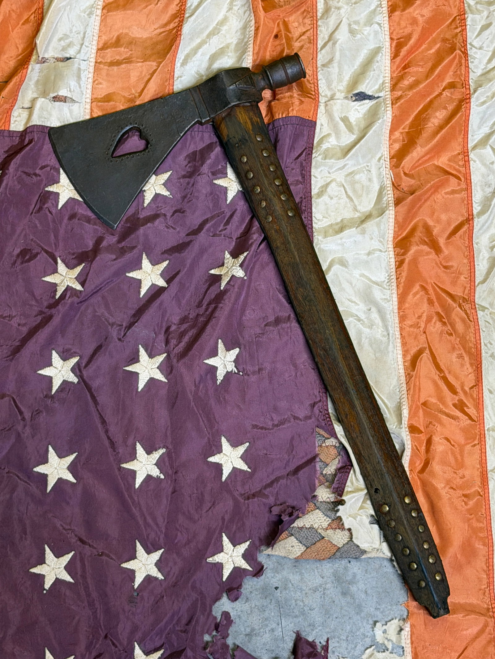 1800's Native American Pipe Tomahawk with Heart-Pierced Blade and Brass Tack Decorated Haft (1 of 9)