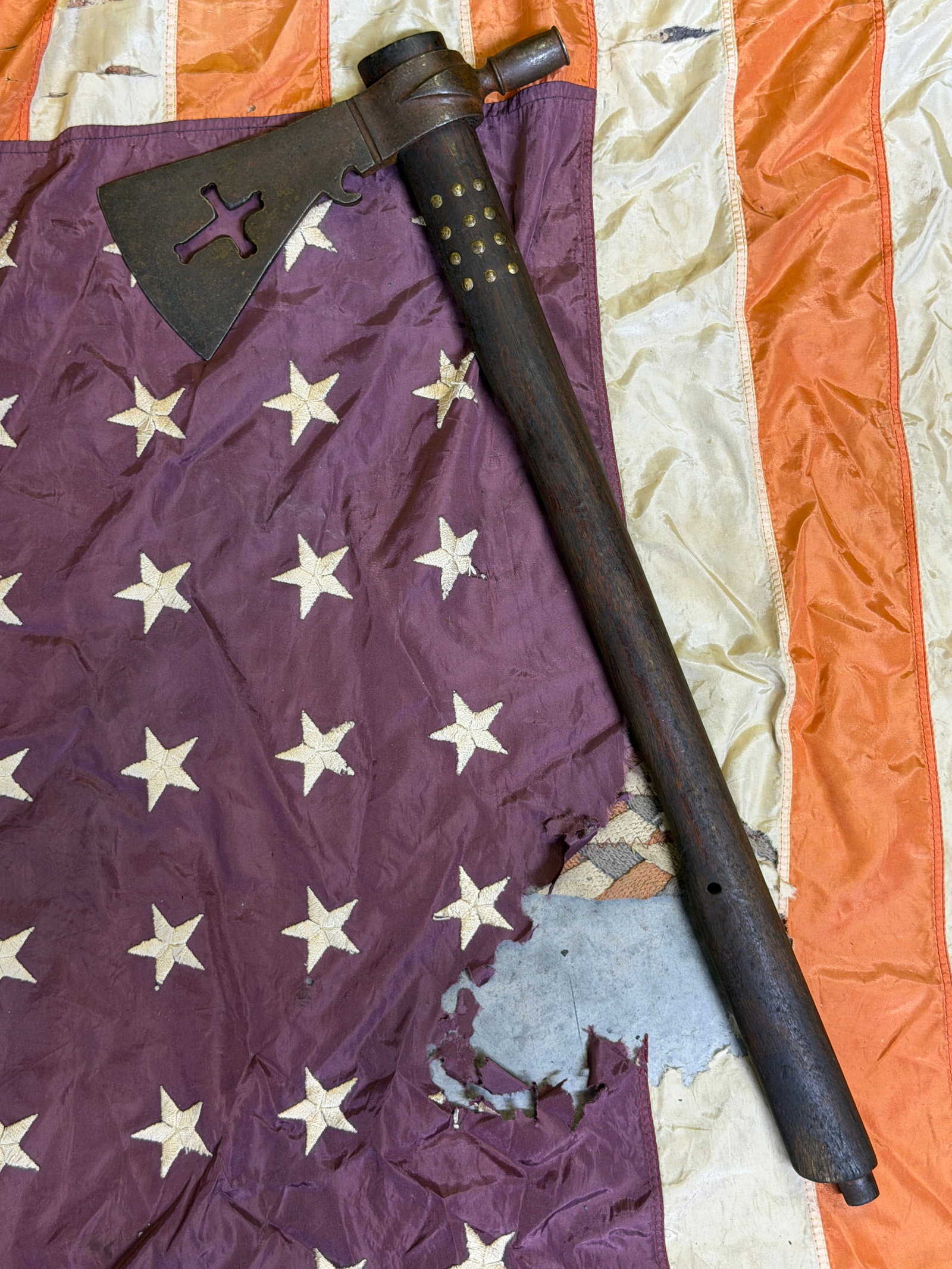 1800's Native American Cross-Pierced Pipe Tomahawk with Brass Tack Decorated Haft, Frontier Style (1 of 8)