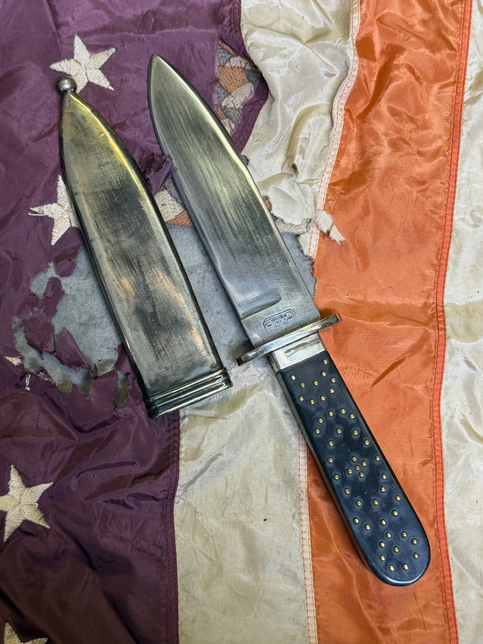 1800's TILLOTSON COLUMBIA PLACE SHEFFIELD Bowie Knife with Studded Handle and Metal Sheath (1 of 9)