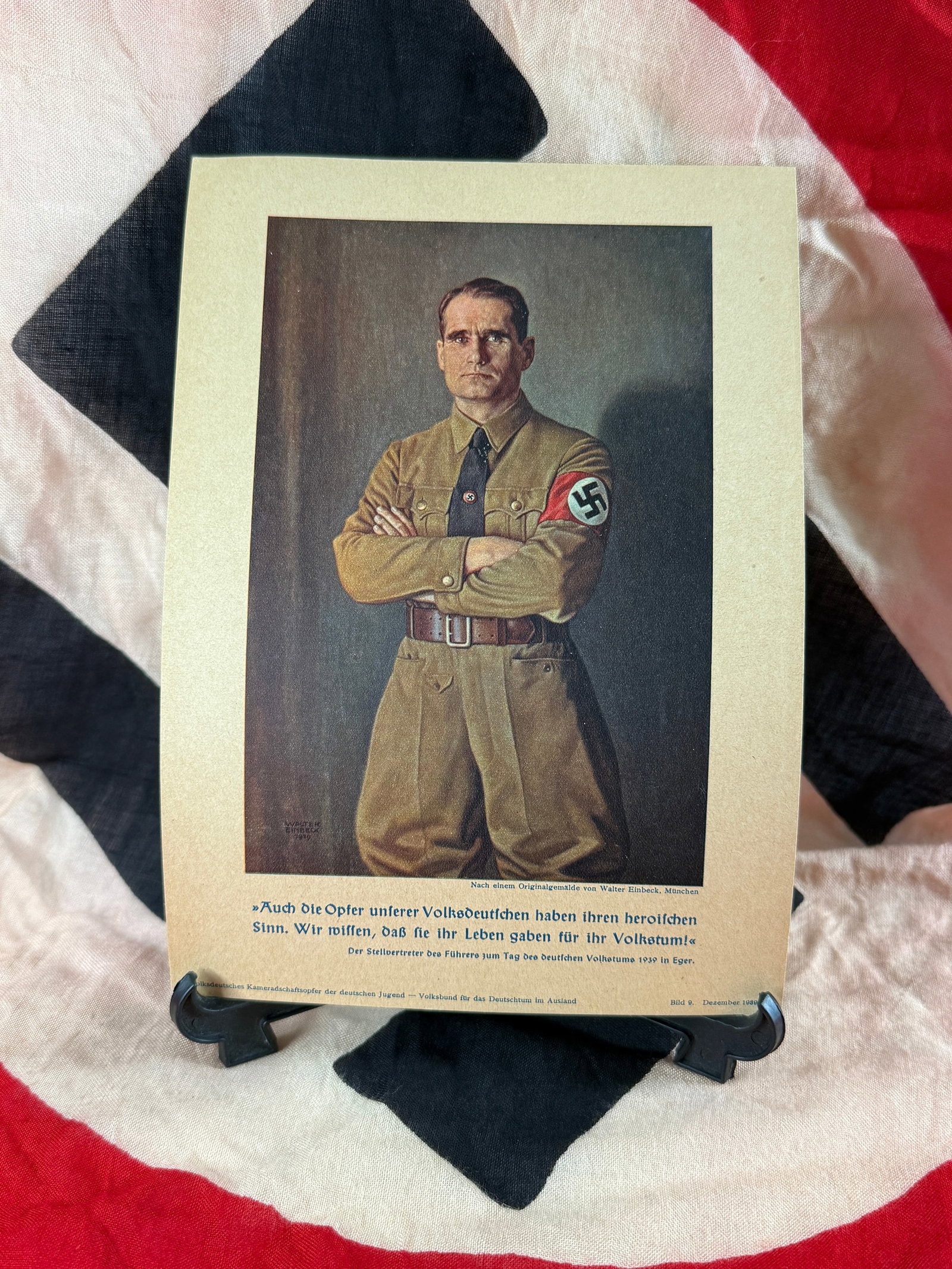 WWII German Rudolf Hess "Day of German Folkdom" 1939 in Eger (Cheb) Color Propaganda Print: This color propaganda print depicts Rudolf Hess, Adolf Hitler's Deputy Führer (Stellvertreter des Führers), standing in NSDAP uniform with folded arms and wearing the party armband. The image is ide