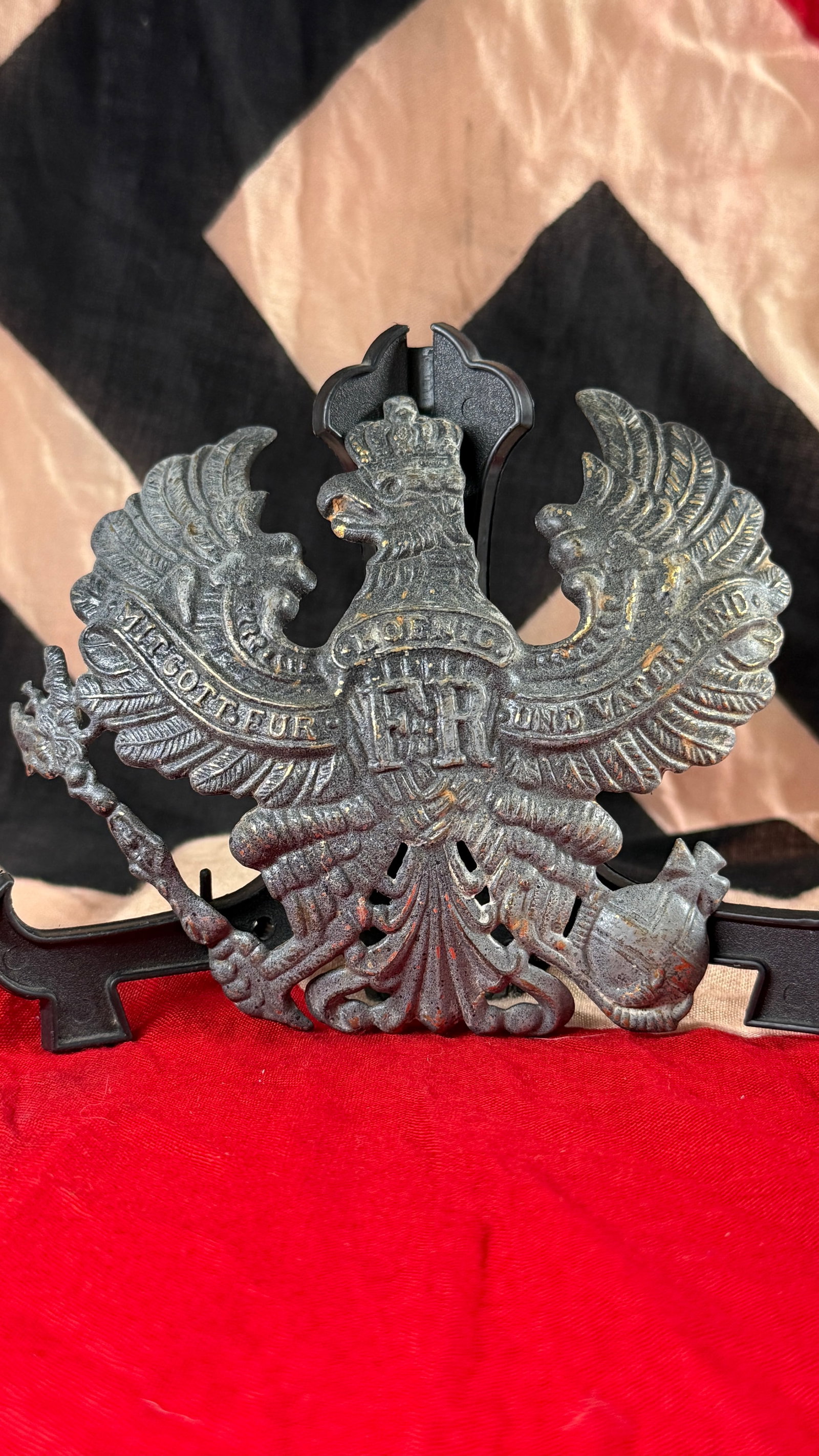 WWI Imperial German Prussian Officer’s Helmet Front Plate (Wappen): This ornate Imperial German helmet front plate (Wappen) was designed for a Prussian Pickelhaube officer's helmet and features the crowned Prussian eagle with the royal cipher "FR" (Fredericus Rex) on 