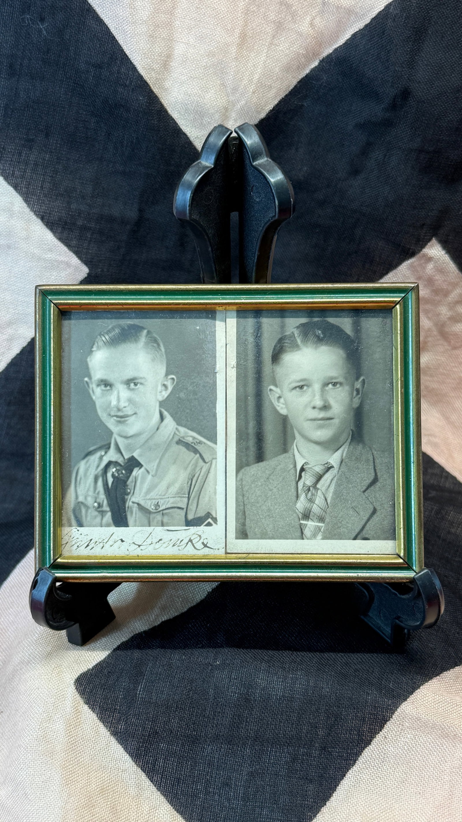 WWII German Hitler Youth Framed Portrait Photograph: This small framed display contains two black-and-white portrait photographs, including one depicting a youth in Hitler Youth uniform alongside a civilian portrait of the same individual. Personal fram
