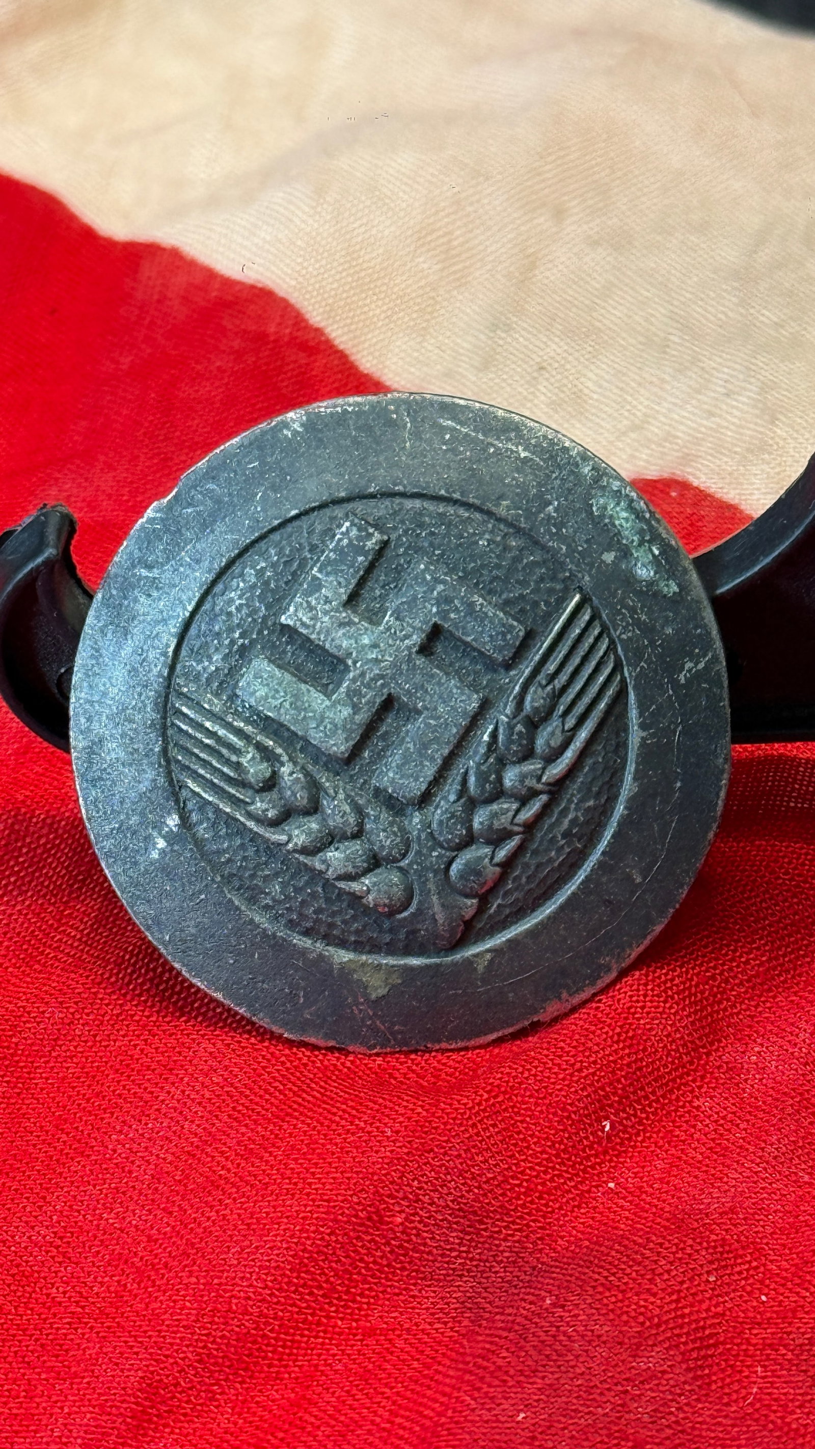 WWII German Reich Labor Service (RAD) Membership Badge: This circular black badge depicts the Reich Labor Service (Reichsarbeitsdienst) emblem, consisting of a swastika above stylized wheat sheaves symbolizing agricultural labor and national service. The r