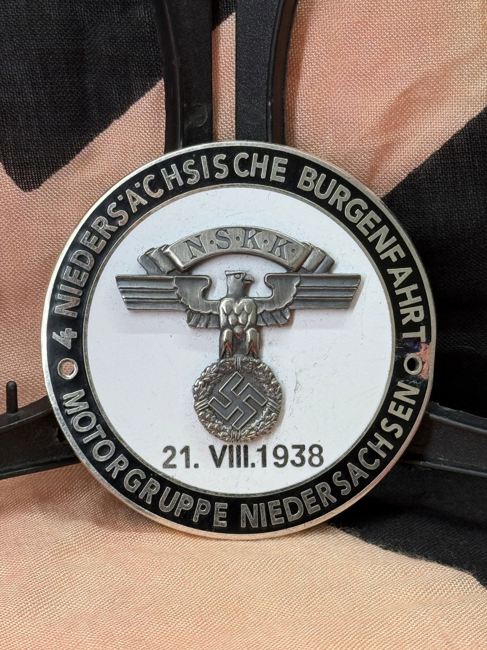 WWII German NSKK 4th Niedersächsische Burgenfahrt Plaque – Motorgruppe Niedersachsen, 21 August: This commemorative plaque was produced for the 4th Niedersächsische Burgenfahrt ("Lower Saxony Castle Tour") organized by the Nationalsozialistisches Kraftfahrkorps (NSKK) Motorgruppe Niedersachsen o