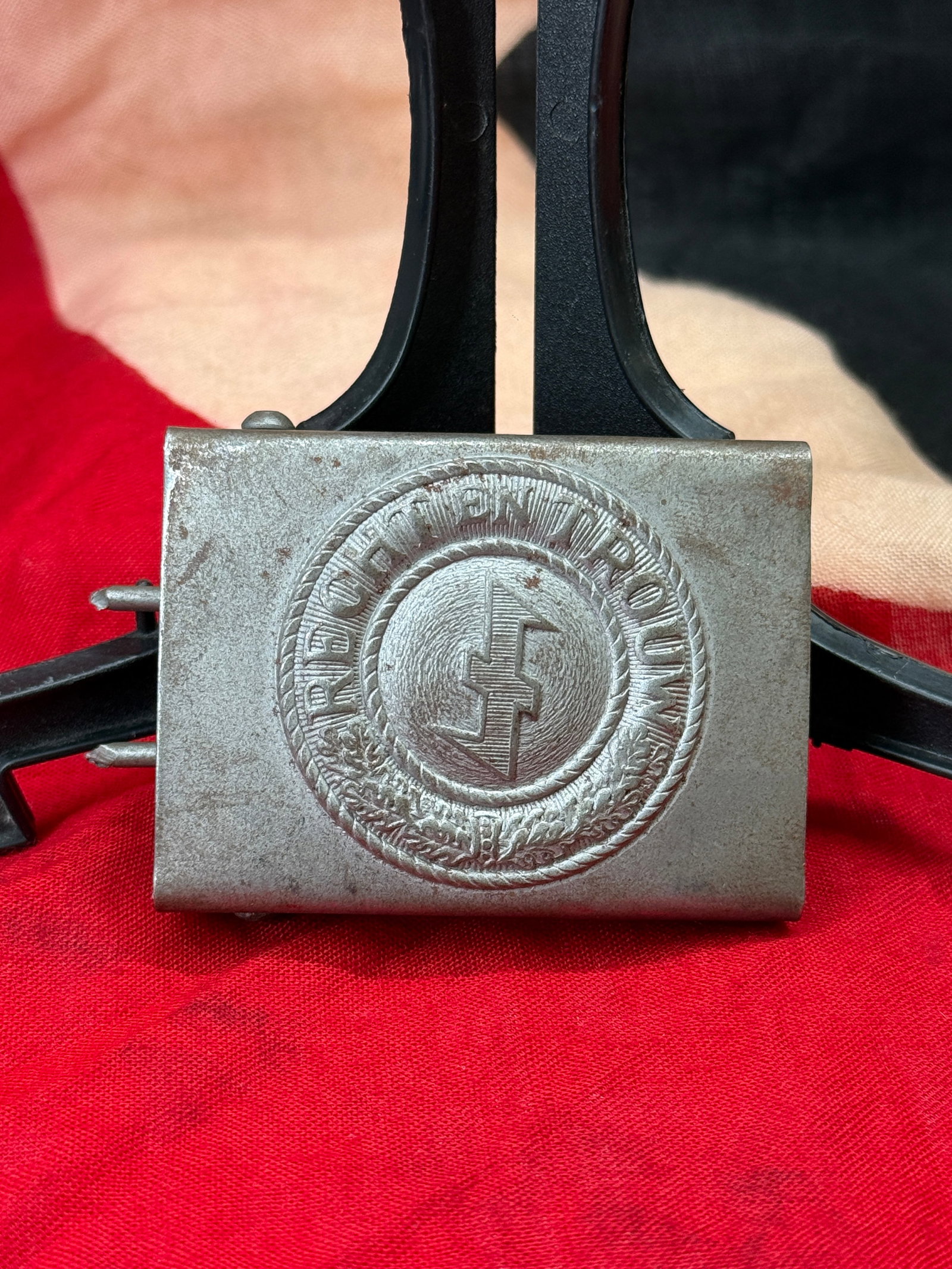 WWII German Reichsbund der Deutschen Beamten (RDB) Belt Buckle: This steel belt buckle bears the inscription "Reichsbund der Deutschen Beamten" surrounding the organization's emblem within a wreath. The Reichsbund der Deutschen Beamten (RDB) served as the national