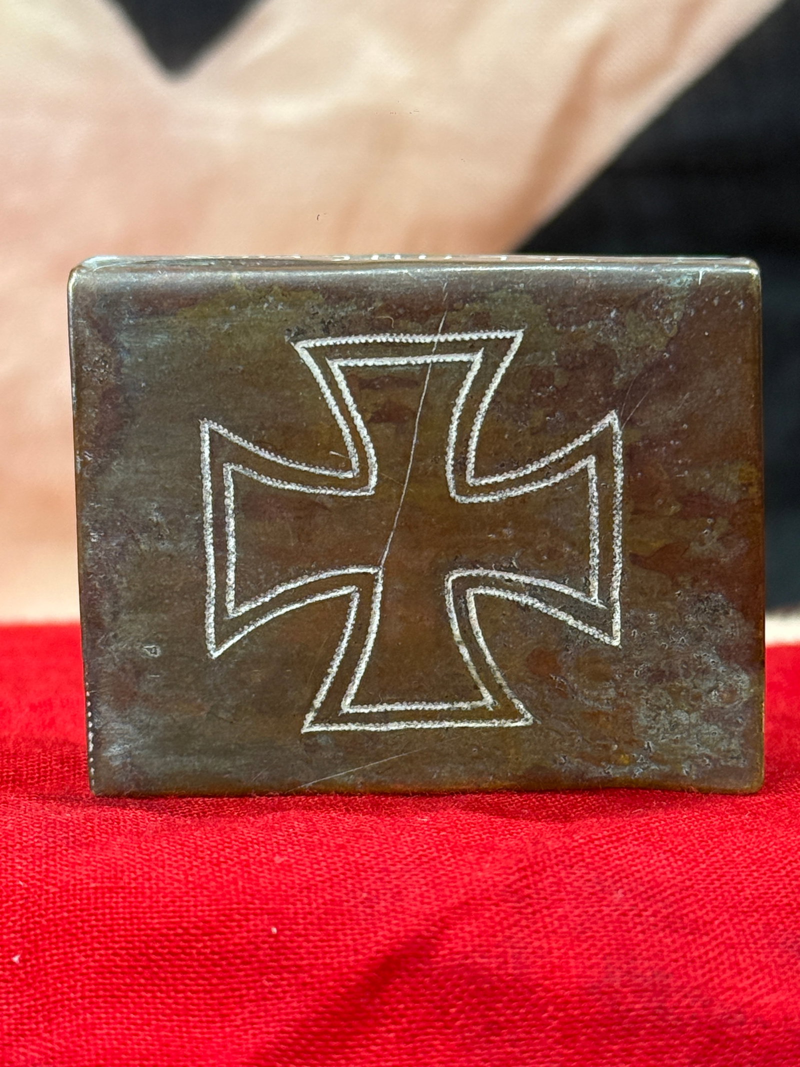 WWII German Iron Cross "Gott Mit Uns" Matchbox Holder: This WWII German Iron Cross "Gott Mit Uns" matchbox holder is constructed of formed metal and features an engraved Iron Cross prominently displayed on the front. One side is engraved with the traditio