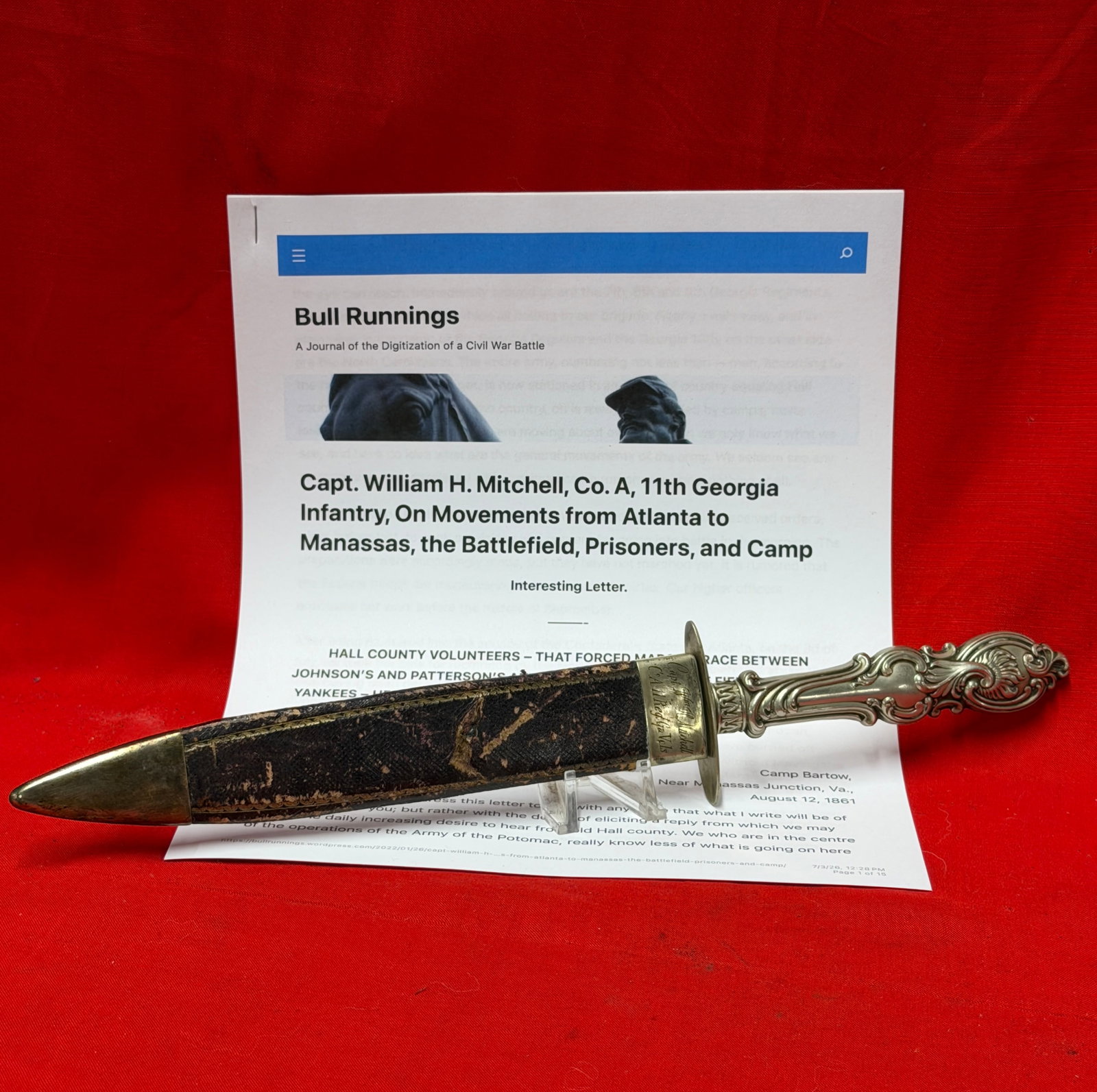 Civil War Captain William H. Mitchell, Company A, 11th Georgia Infantry Presentation Fighting Knife: This remarkable Civil War-era presentation fighting knife is engraved on the ricasso "Capt. Will H. Mitchell, Co. A 11th Regt. Ga. Vols." identifying it to Captain William H. Mitchell of Company A, 11