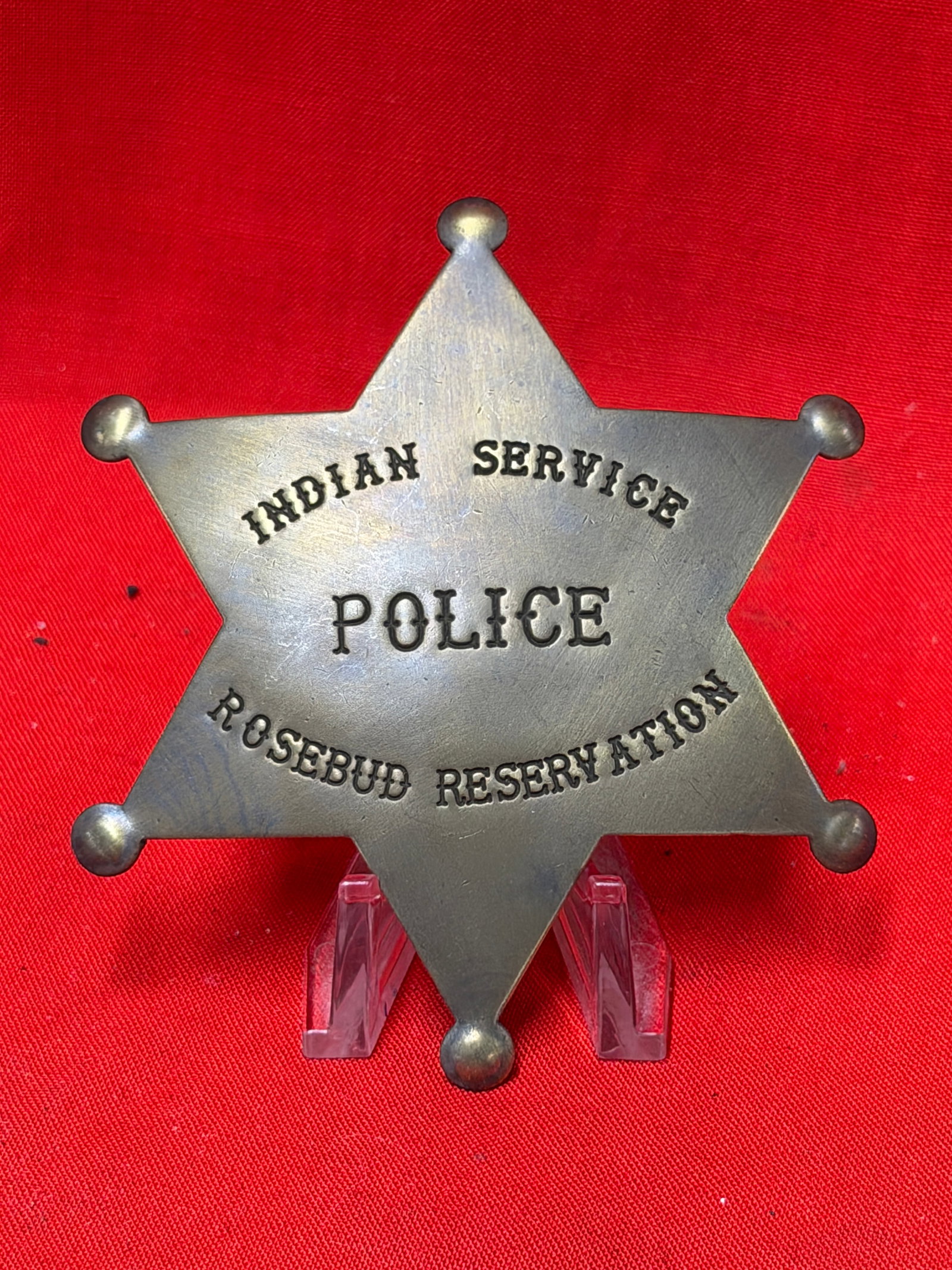 Antique Indian Service Police Rosebud Reservation Badge: This six-point star badge is engraved "Indian Service Police – Rosebud Reservation", identifying it with the federally administered Indian Service Police that served on the Rosebud Indian Reservatio