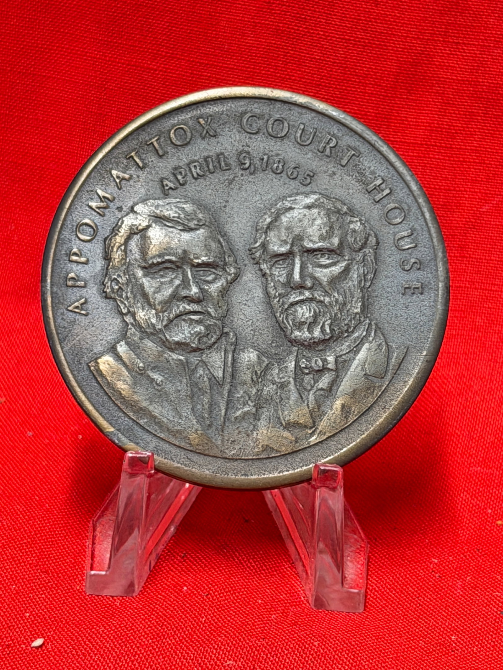 Civil War Appomattox Court House April 9, 1865 Commemorative Medal: This commemorative medal honors the historic surrender at Appomattox Court House, Virginia, on April 9, 1865, marking the effective end of the American Civil War. The obverse features facing busts of 