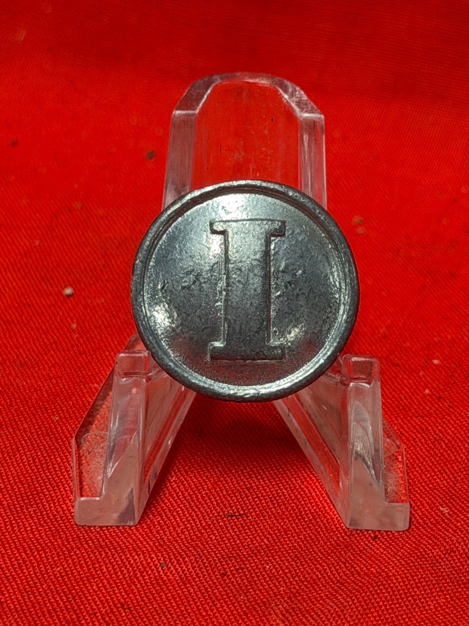Civil War Confederate Infantry Pewter Coat Button: This Civil War Confederate Infantry Pewter Coat Button features the raised letter "I", signifying the infantry branch, and is constructed of pewter in a simple wartime pattern commonly associated with