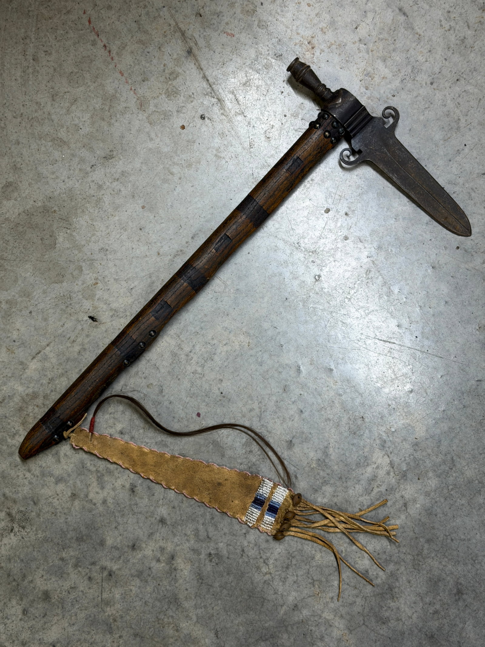 1800’s Native American Cheyenne Attributed Smoking Pipe Tomahawk with Beaded Hair Drop (1 of 11)