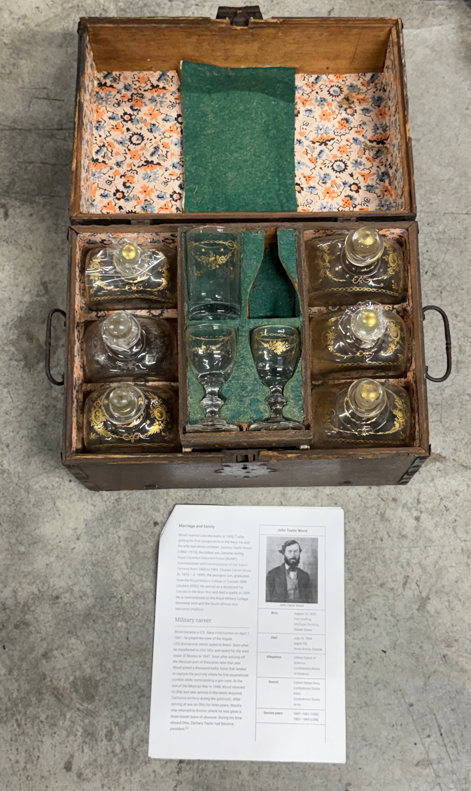 Civil War Confederate General John Taylor Wood Personal Traveling Liquor Chest: This remarkable Civil War-era traveling liquor chest is a personalized wooden campaign case bearing the engraved brass nameplate, "S.S. JOHN T. WOOD, CAPTAIN TALIAFERRO," identifying Confederate naval