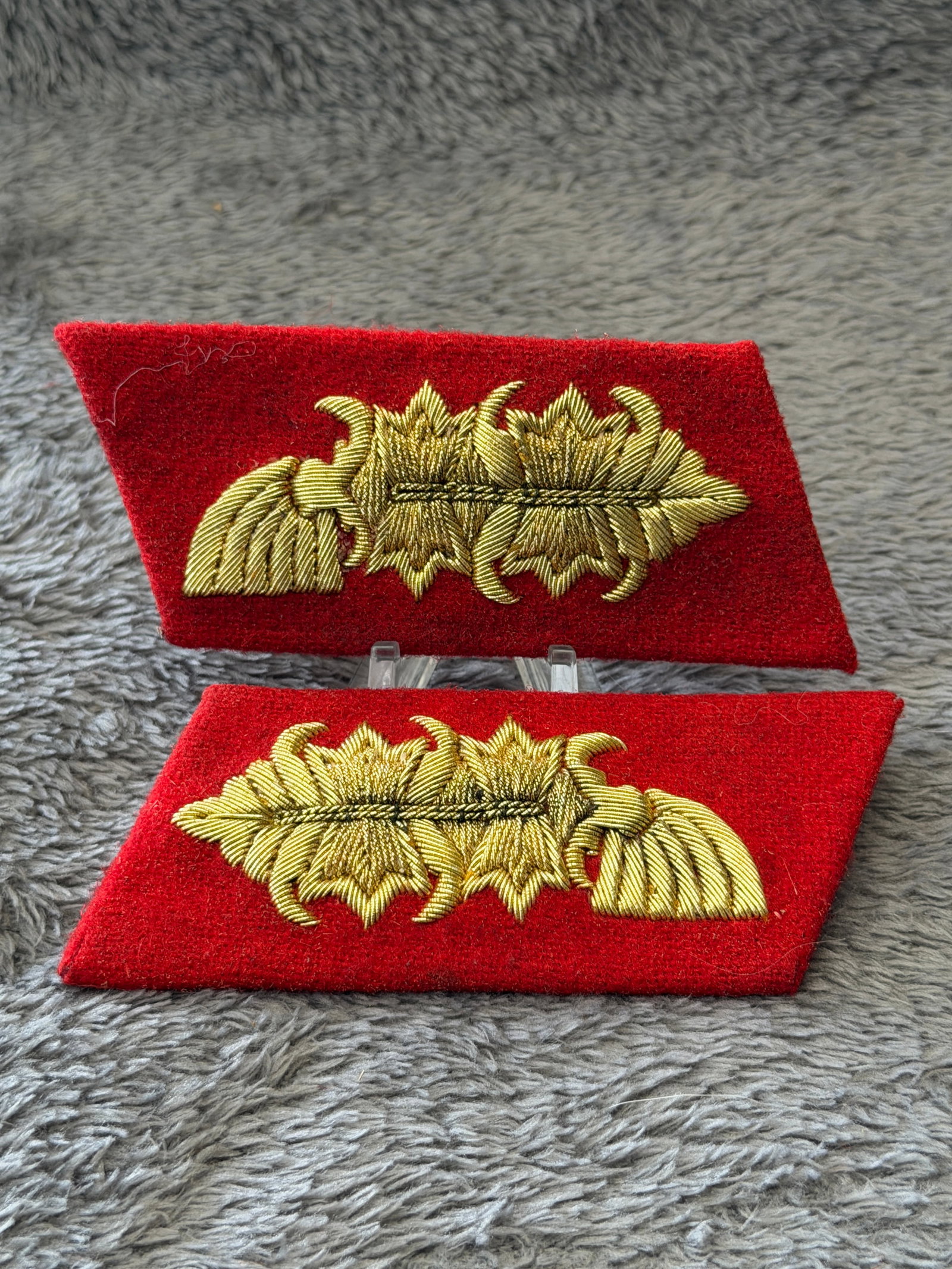 WWII German NSDAP Political Leader Bullion Collar Tabs (Pair) with RZM Label: This pair of WWII German NSDAP Political Leader bullion collar tabs features finely hand-embroidered gold-colored oak leaves and dual oak leaf clusters mounted on red wool backing, representing a seni