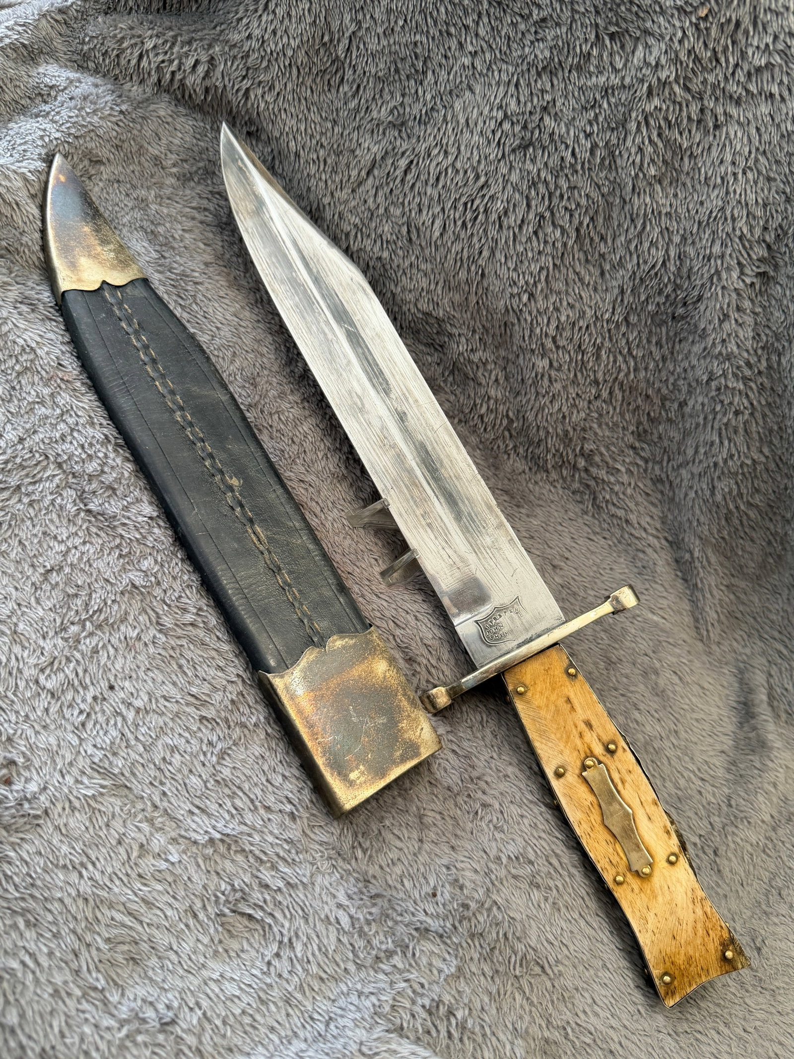 1800's I*XL "I Prefer John Coe" Sheffield Bowie Knife with Bone Grip and Leather Scabbard (1 of 8)