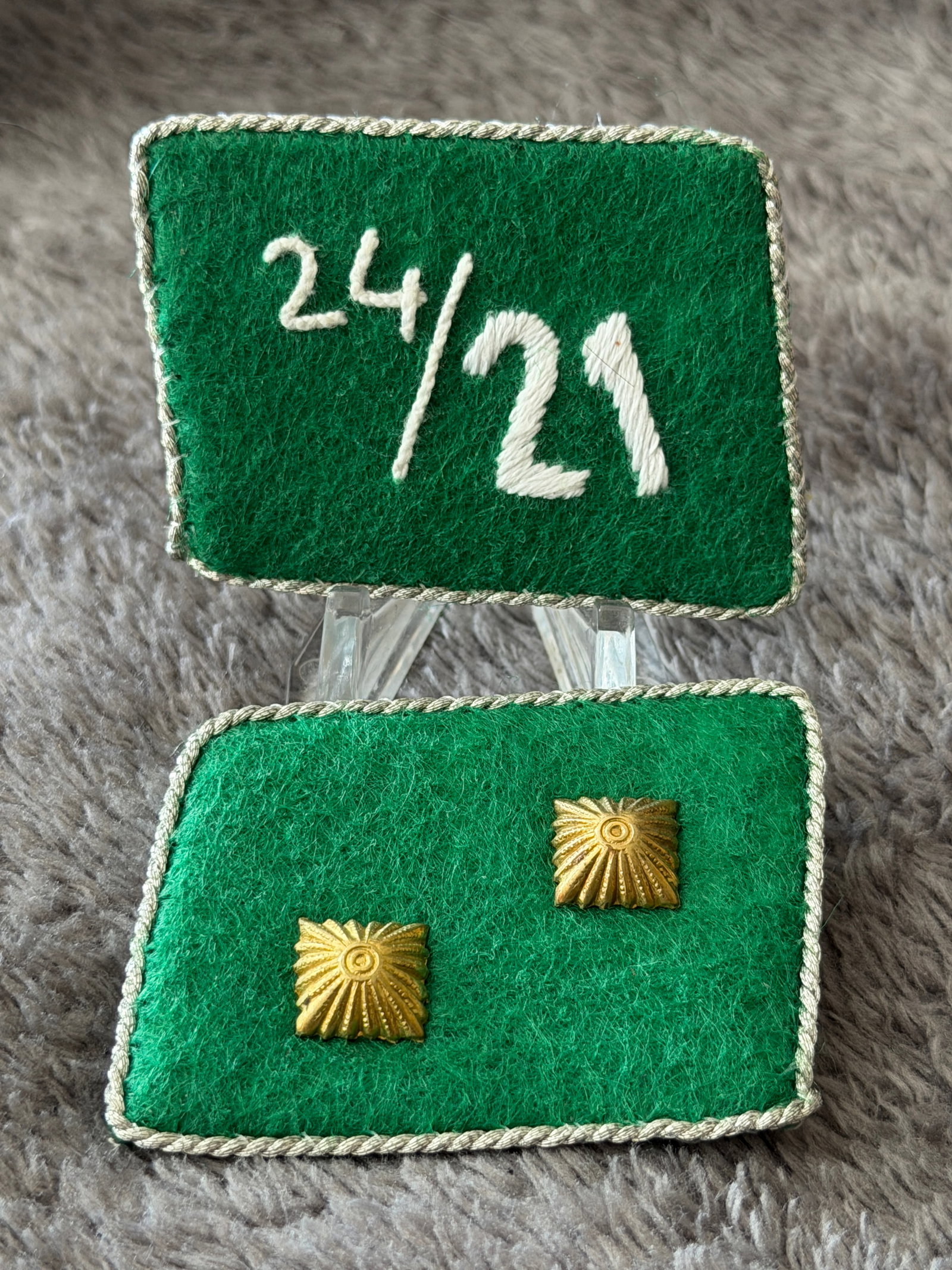WWII German Forestry Department Collar Tab Pair: This matched pair of WWII German Forestry Department collar tabs features green wool construction with silver bullion edge piping and gilt metal sunburst-style Forestry Department insignia mounted to 