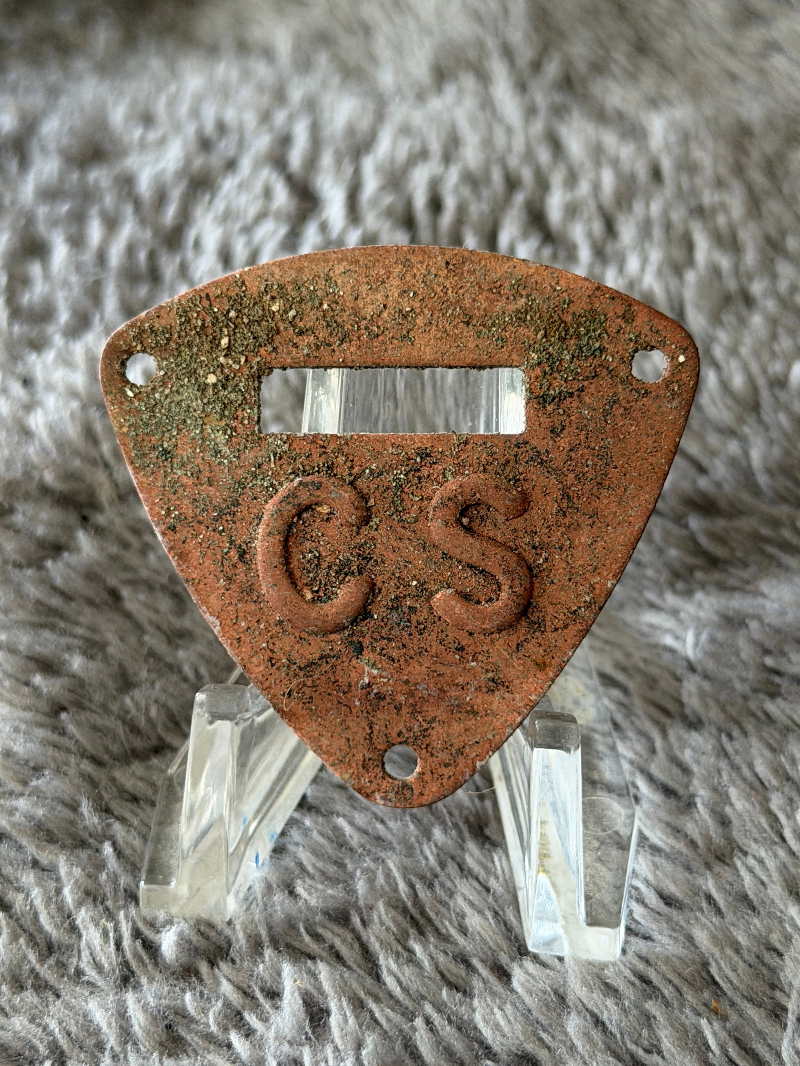 Civil War Confederate "CS" Saddle Shield Plate: This Civil War Confederate "CS" saddle shield plate is constructed of stamped brass and features the raised "CS" initials in the center of its distinctive triangular form. Designed to mount to a Confe