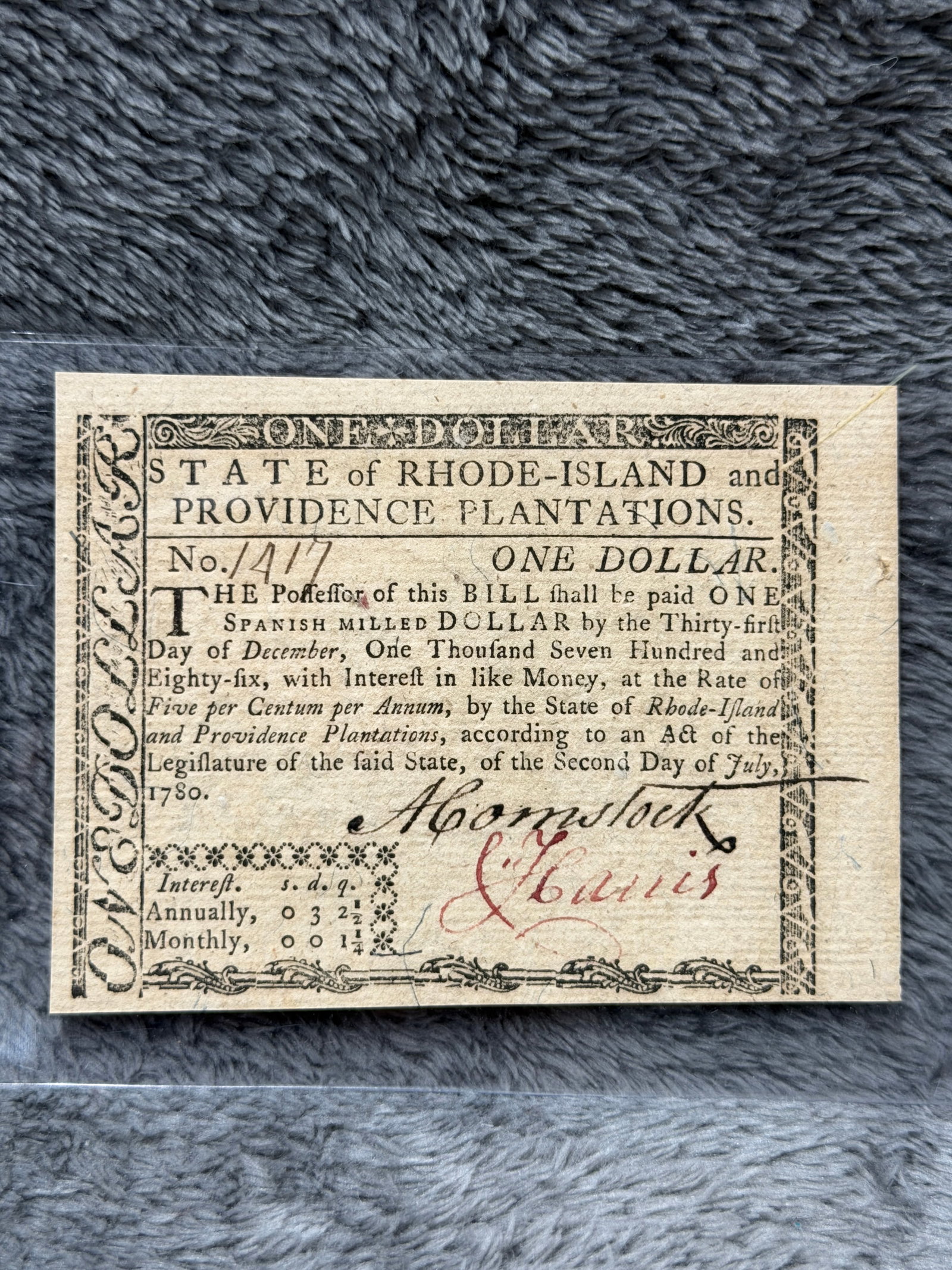 Revolutionary War Rhode Island & Providence Plantations One Dollar Note – July 2, 1780 (1 of 3)