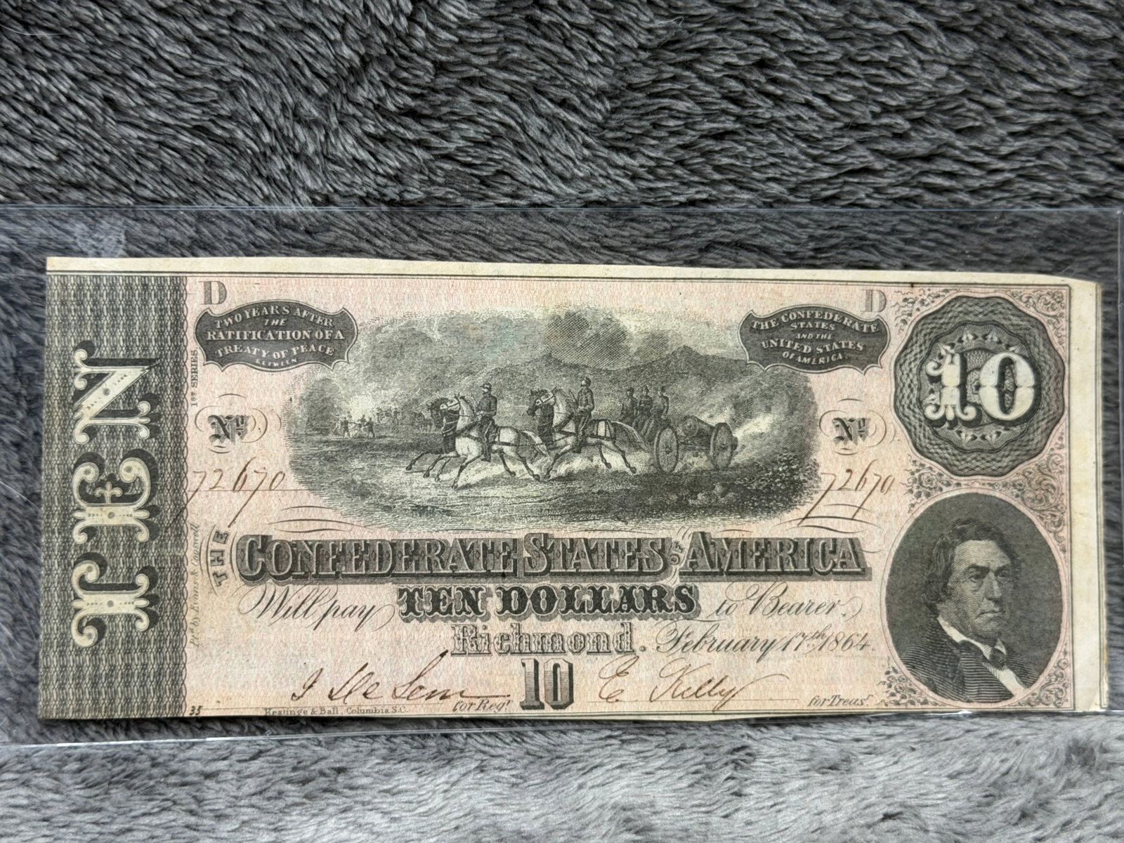 Civil War Confederate States of America $10 Note – February 17, 1864 Issue: This Confederate States of America Ten Dollar note was issued in Richmond, Virginia, and is dated February 17, 1864, during the final year of the American Civil War. The face features an engraved batt