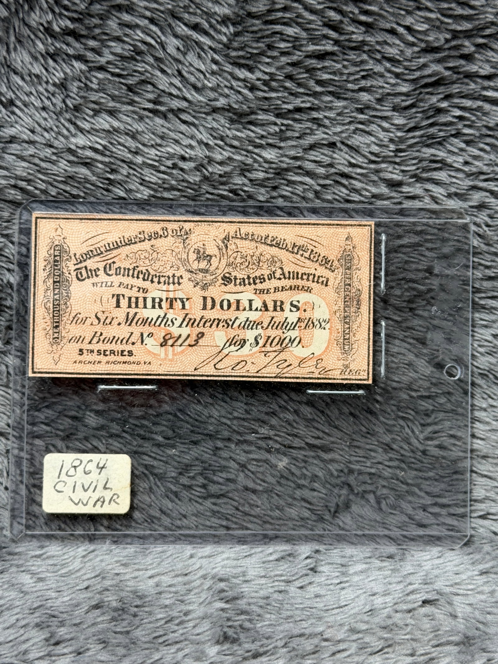Civil War Confederate States of America $30 Bond Interest Coupon – 1864 Fifth Series (1 of 4)