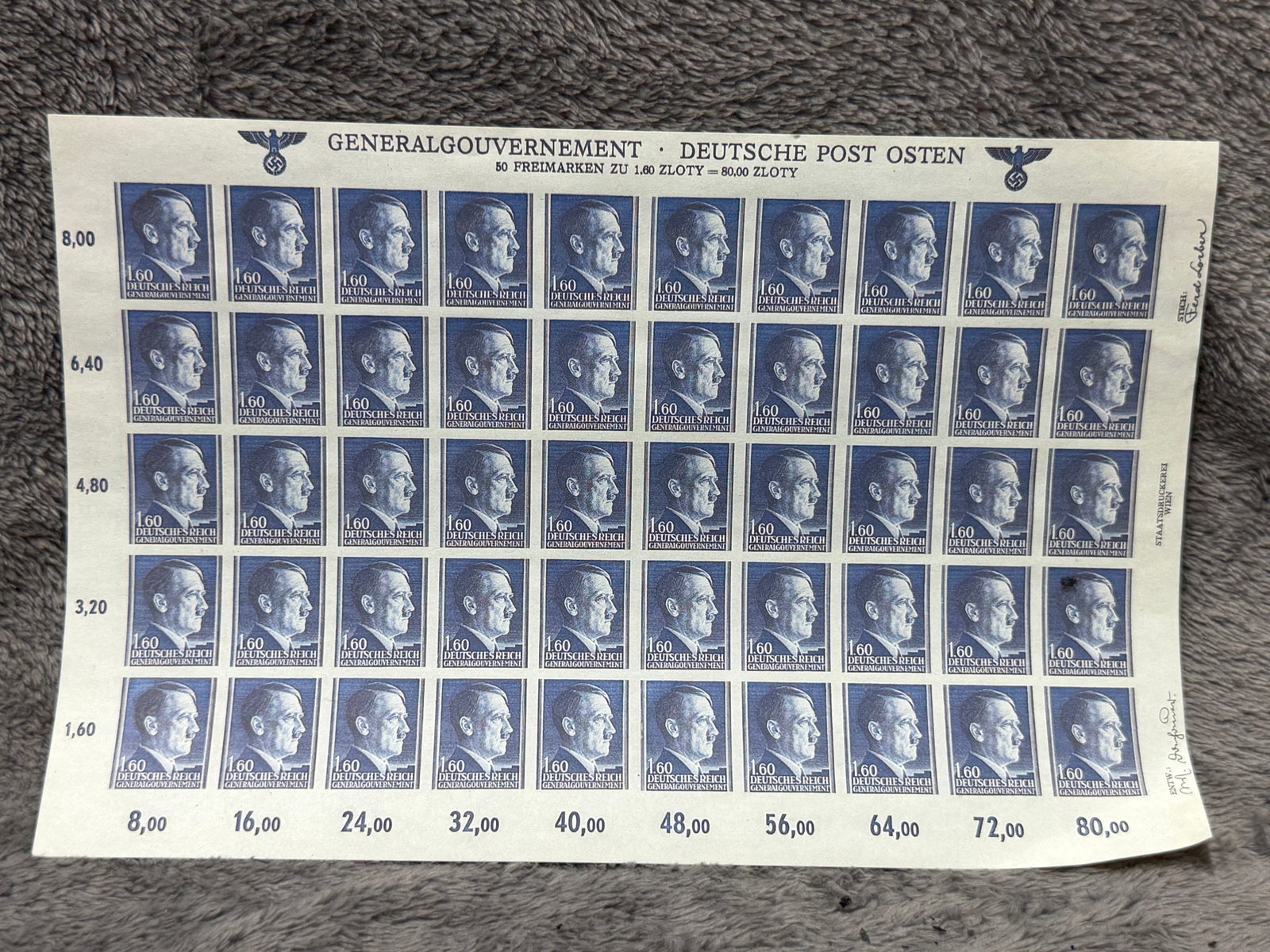 WWII German General Government Adolf Hitler 1.60 Z?oty Stamp Sheet (1 of 4)